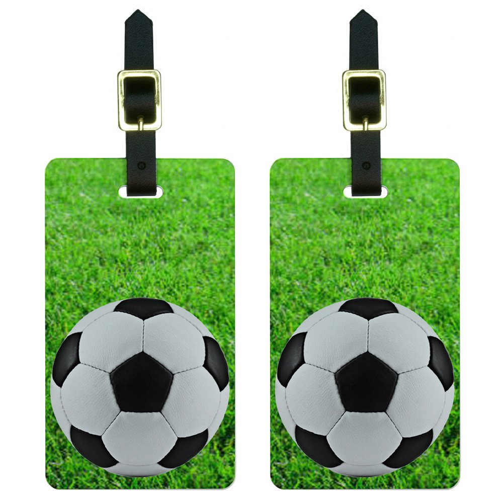 Custom Soccer Ball on Grassy Field Luggage Tags - Personalized Suitcase ID Tags for Carry-On Bags (White) - Perfect for Travel, Sports Fans & Team Identification