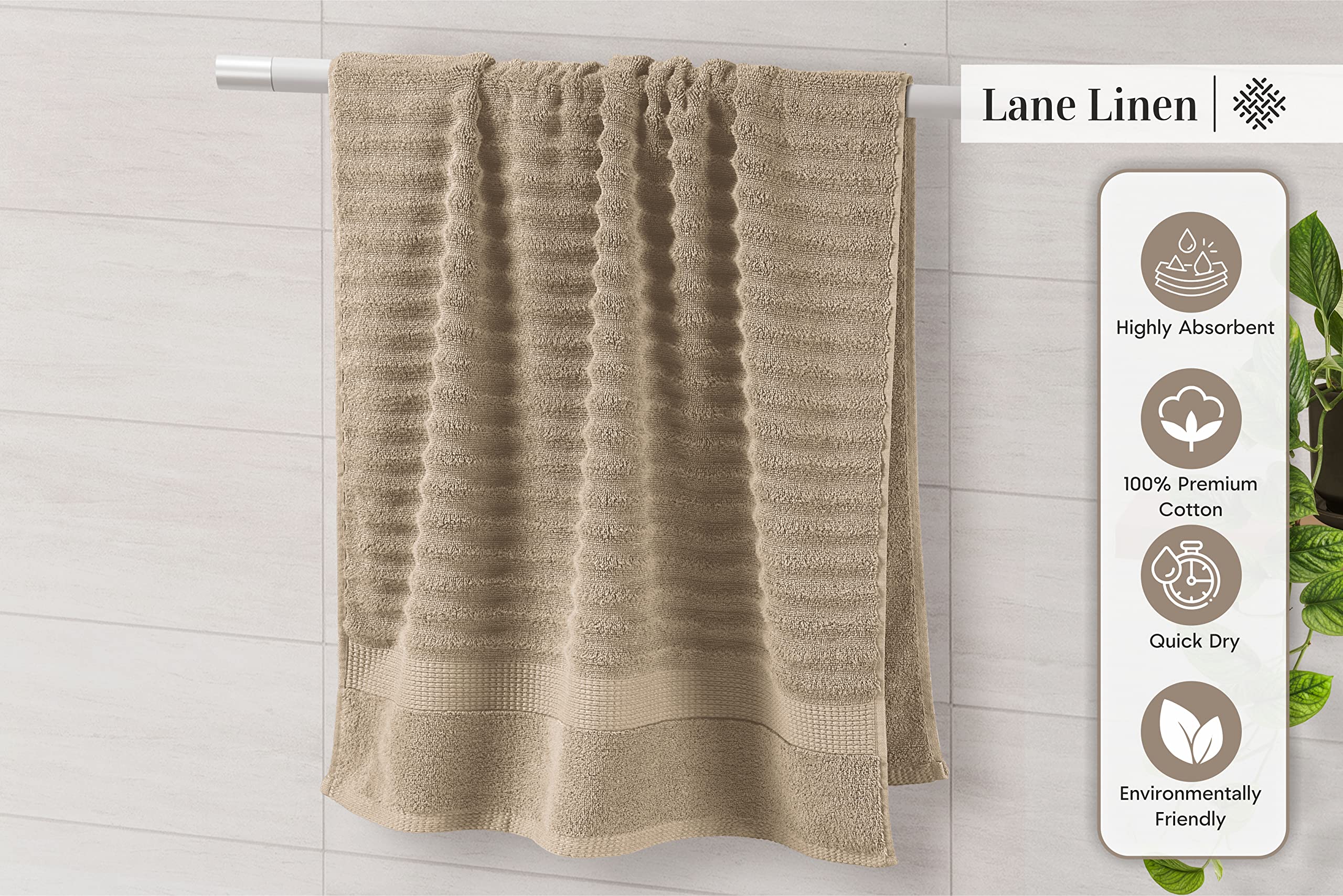 Premium 100% Cotton Bath Towel Set - Ultra Soft & Highly Absorbent 6-Piece Luxury Towels (2 Bath, 2 Hand, 2 Washcloths) for Spa, Hotel & Home Bathroom - Ribbed Textured Taupe Collection - Perfect for Relaxation & Self-Care Moments