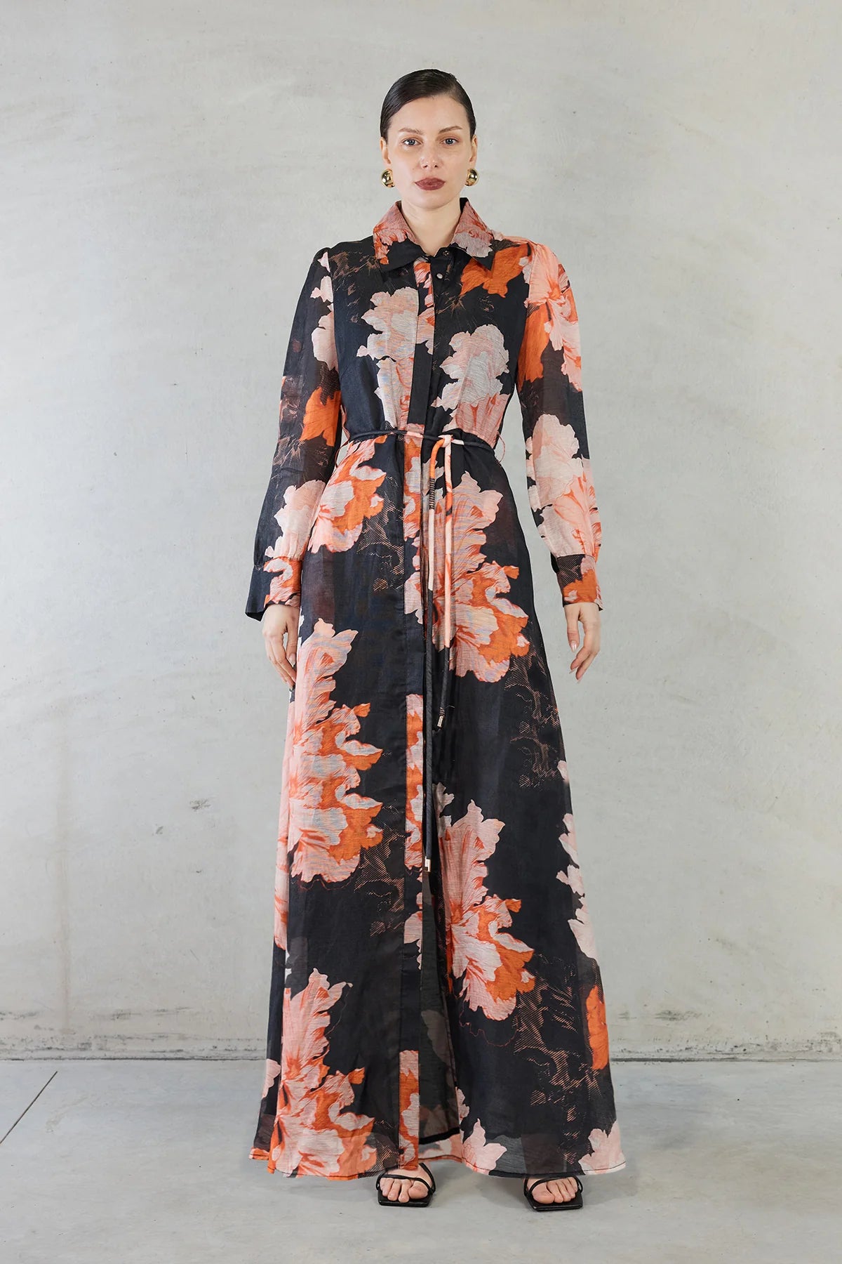 Isabella Black Floral Print Silk Linen Long Sleeve Maxi Dress - Elegant Boho Style for Women's Summer Beach Vacation & Evening Party Wear