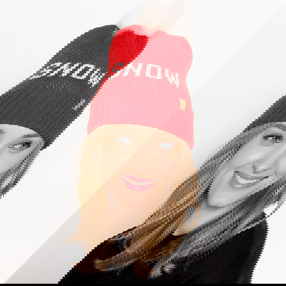 Red Snow Message Faux Fur Pom Pom Cable Knit Beanie Hat - Winter Warm Knitted Cap for Women & Men - Perfect for Skiing, Snowboarding & Cold Weather Fashion