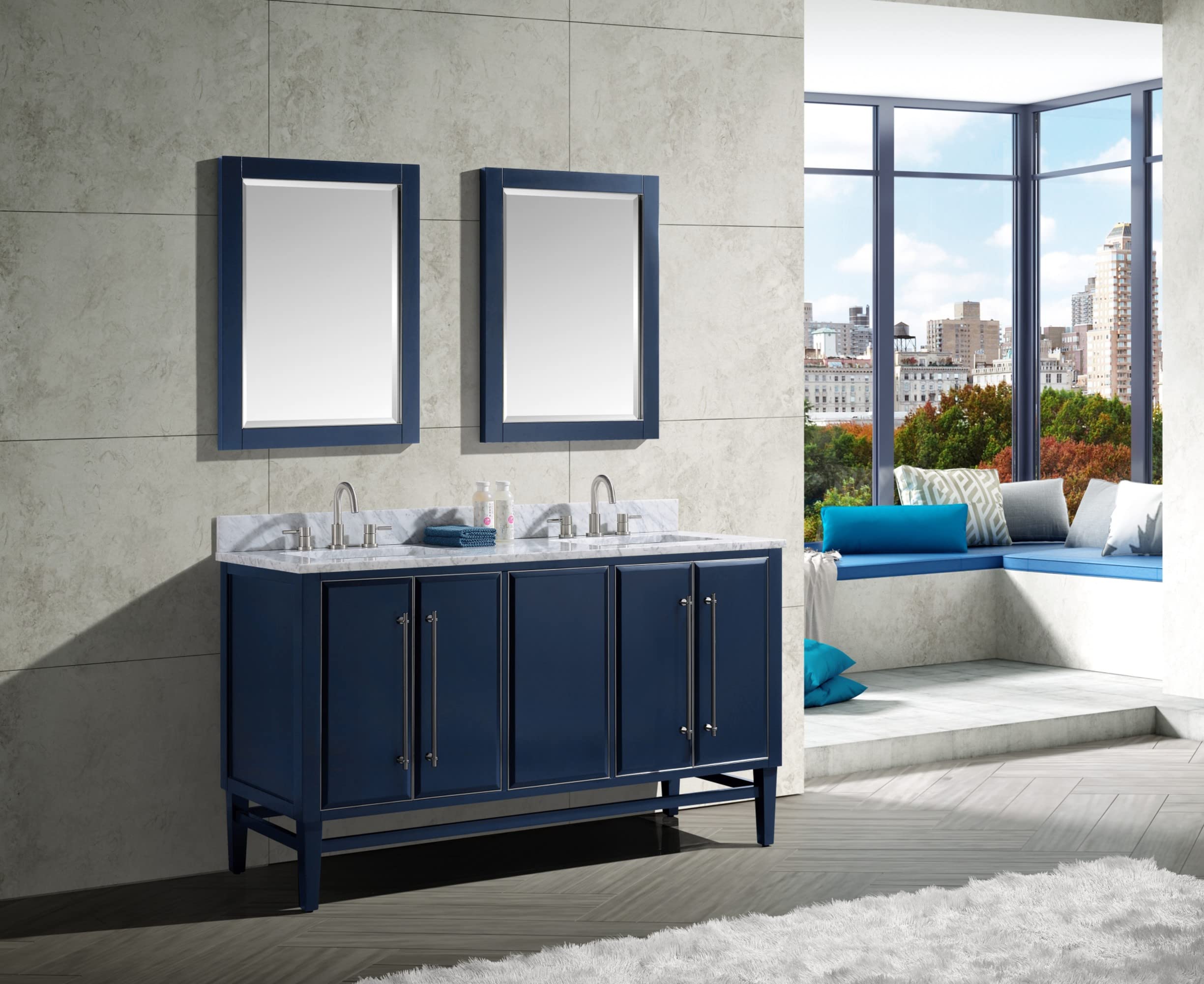 61-Inch White Bathroom Vanity Set with Silver Trim & Carrara White Marble Top - Modern Double Sink Vanity for Master Bathroom Remodel