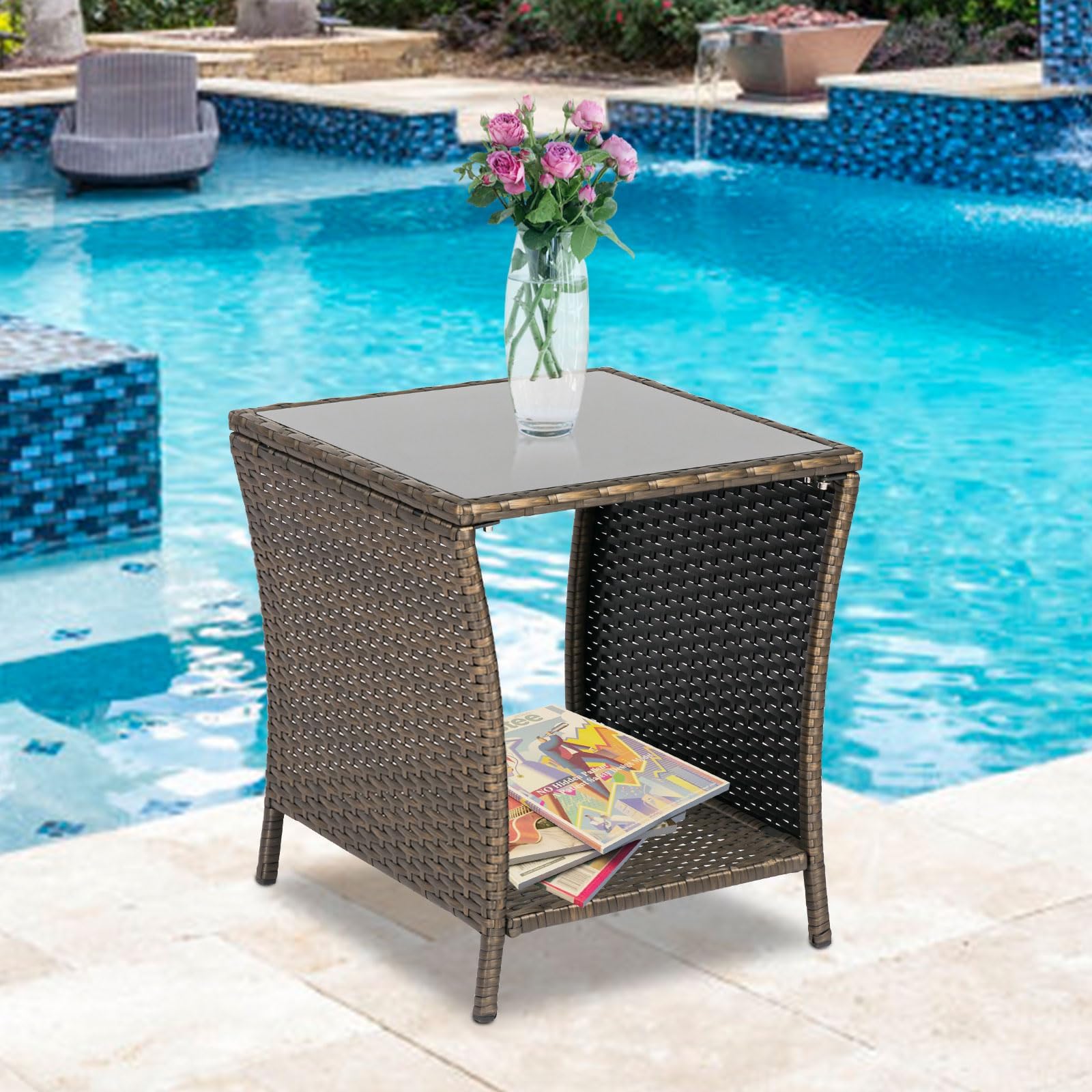 Kinbor Outdoor Side Table - Small Wicker End Table for Porch, Patio, Backyard & Poolside | Weather-Resistant & Easy Maintenance Gold Accent | Perfect for Lounge Chairs, Sunbathing & Outdoor Entertaining