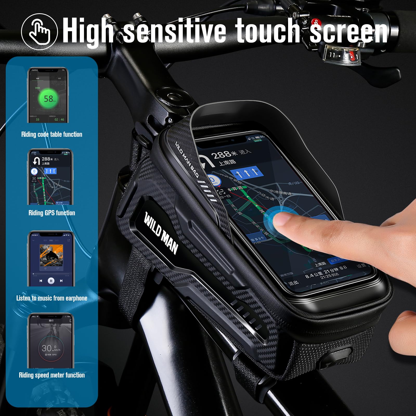 WILD MAN Waterproof Bike Phone Bag - Top Tube Bicycle Frame Pouch for iPhone & Smartphones up to 6.5