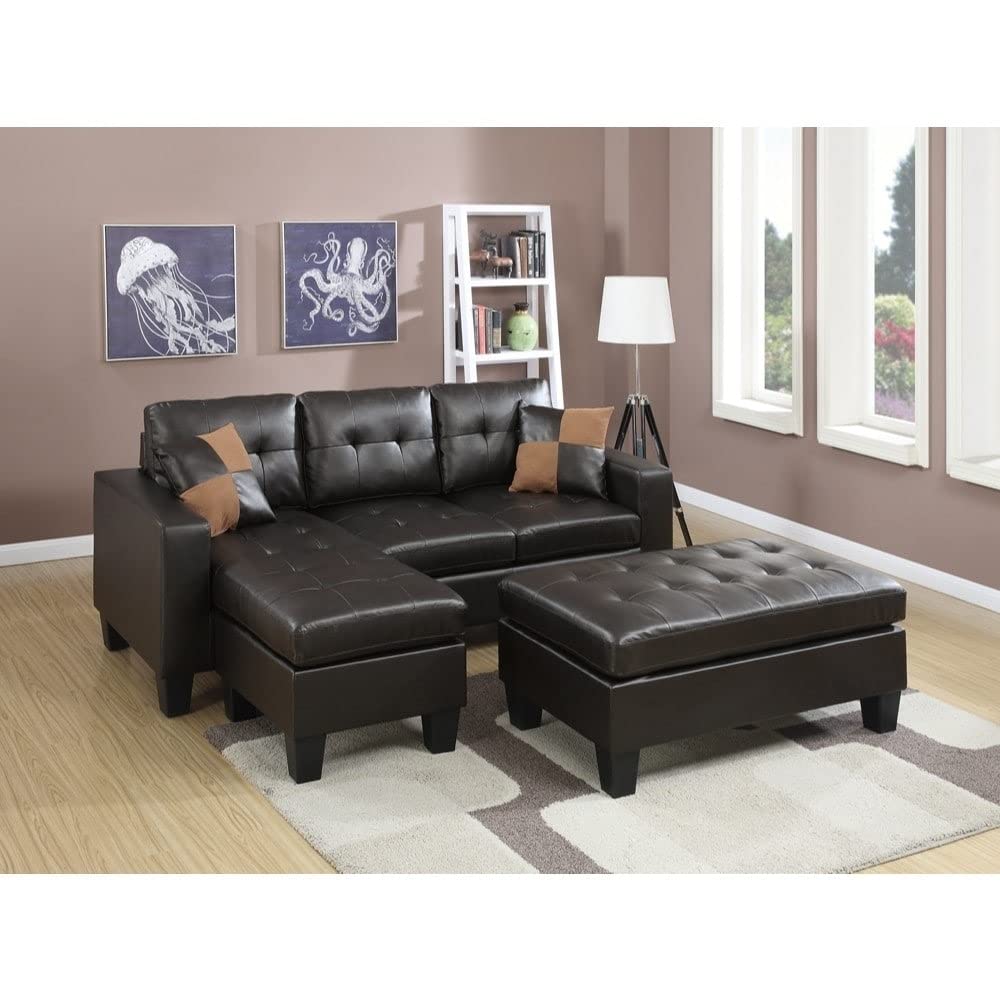 Benjara Bonded Leather Sofa Set with Ottoman & Pillows - Brown/Espresso for Living Room