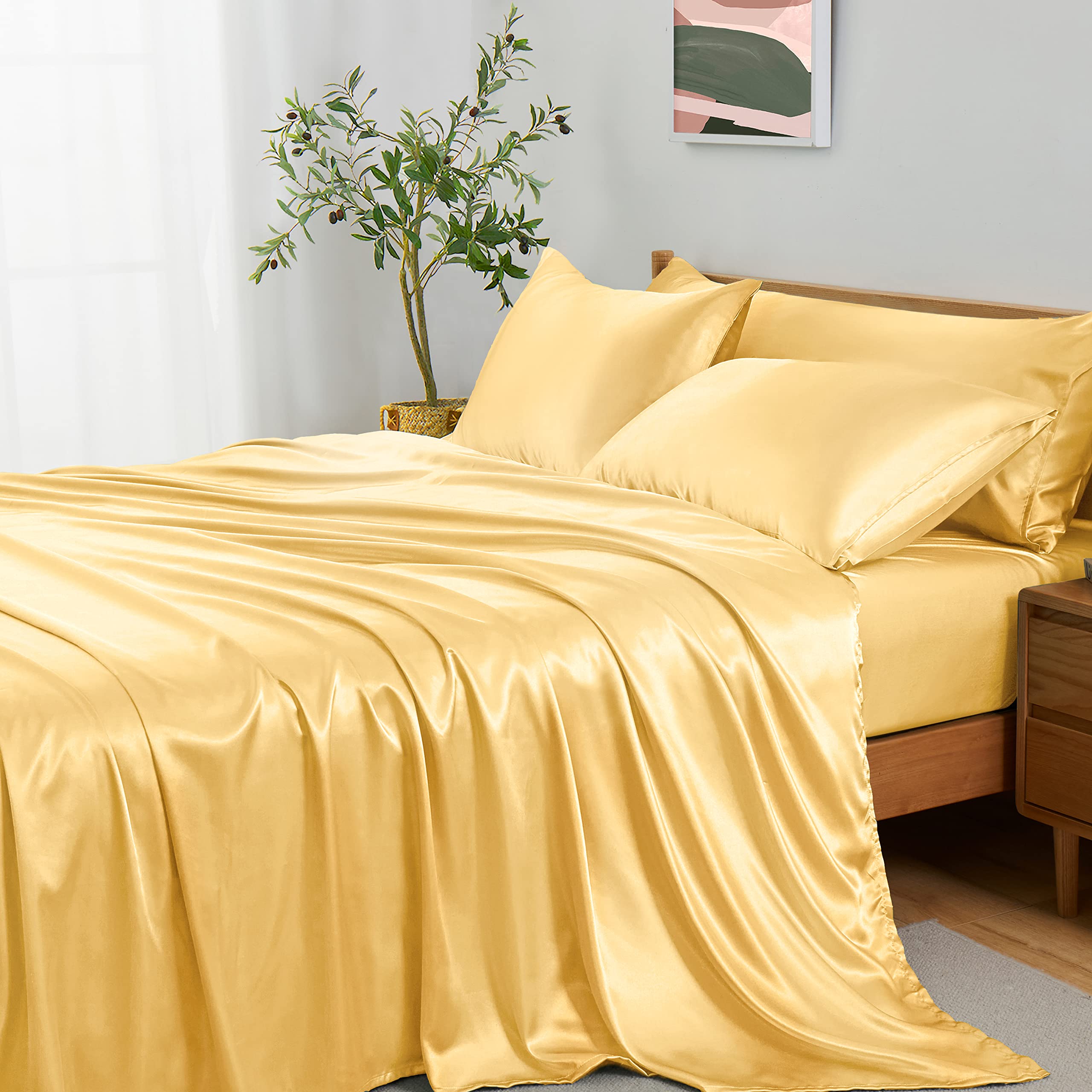 Entisn 5-Piece Full Size Satin Sheets Set - Luxury Gold Bedding with 1 Fitted Sheet, 1 Flat Sheet & 3 Pillowcases | Ultra Soft, Breathable Silky Satin Fabric for Comfortable Sleep & Elegant Bedroom Decor
