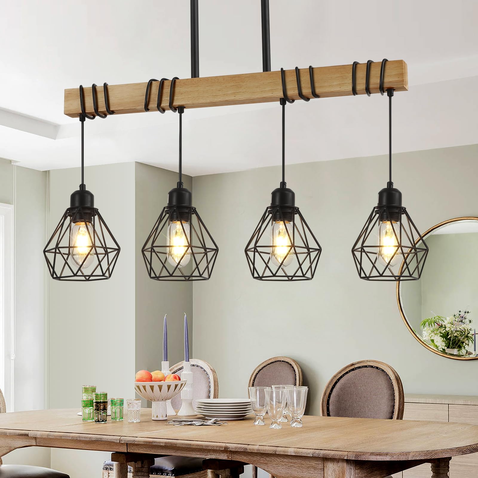 Modern Farmhouse 4-Light Kitchen Island Pendant Light - Black Rustic Wood Linear Chandelier for Dining Room & Table Lighting - Perfect for Farmhouse, Industrial & Rustic Home Decor