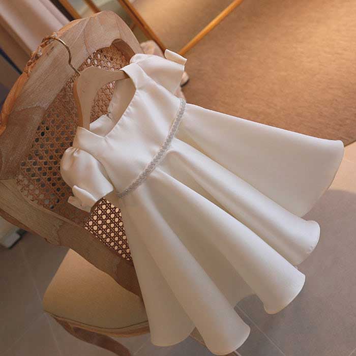 Elegant White Satin A-Line Flower Girl Dress with Square Neckline & Bow Details - Perfect for Weddings, Baptisms & Special Occasions