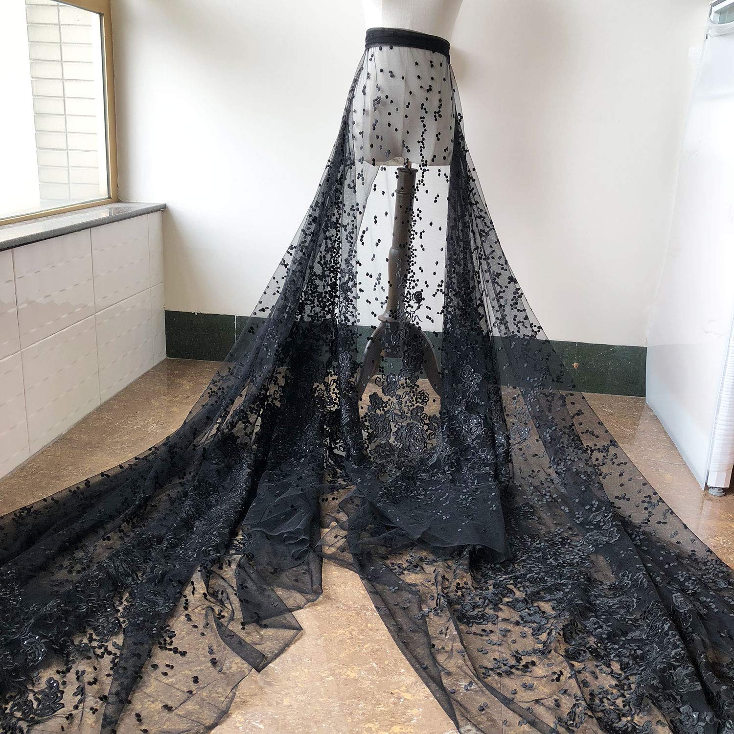 Shimmery Black Sequined Lace Fabric - 1 Meter Length, 55 Inches Wide - Exquisite Embroidery Lace Tulle for Wedding Dresses & Ballgowns - Perfect for Bridal Gowns, Evening Dresses, and Formal Attire
