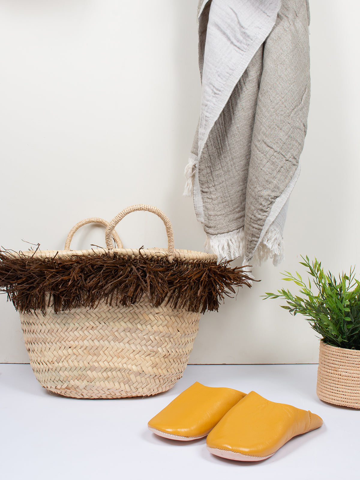Natural Raffia Tassel Basket - Handwoven Tobacco Brown Storage Bin for Home Decor | Perfect for Living Room Organization, Bathroom Storage & Beach Essentials
