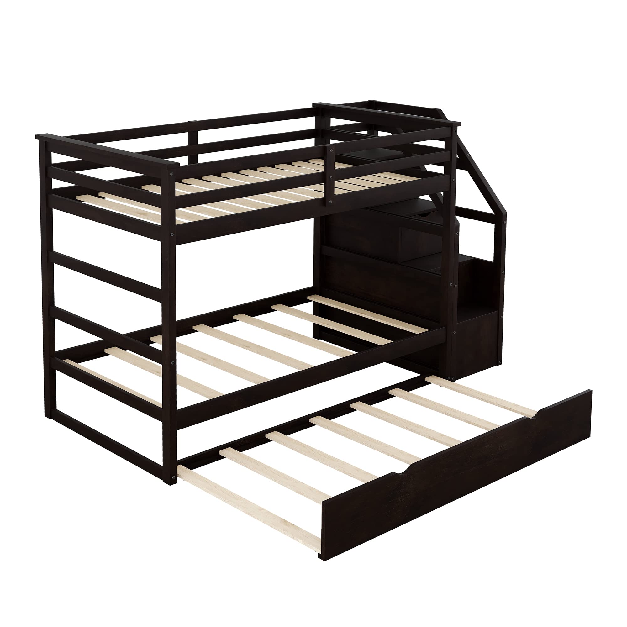 **Wooden Twin Bunk Bed with Stairs & Storage Drawers - Kids Bunk Bed Frame with Pull-Out Trundle for Boys & Girls - Space-Saving Grey Bunk Bed for Small Bedrooms, Kids' Rooms & Guest Rooms**