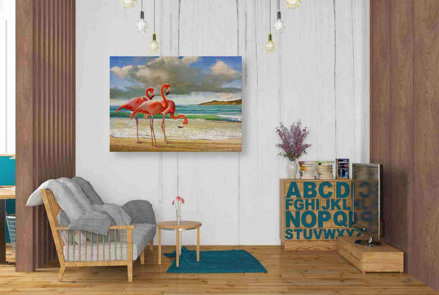 Chris Vest 'Beach Scene Flamingos' Canvas Wall Art 34x26 Inches - Tropical Home Decor for Living Room, Bedroom & Office