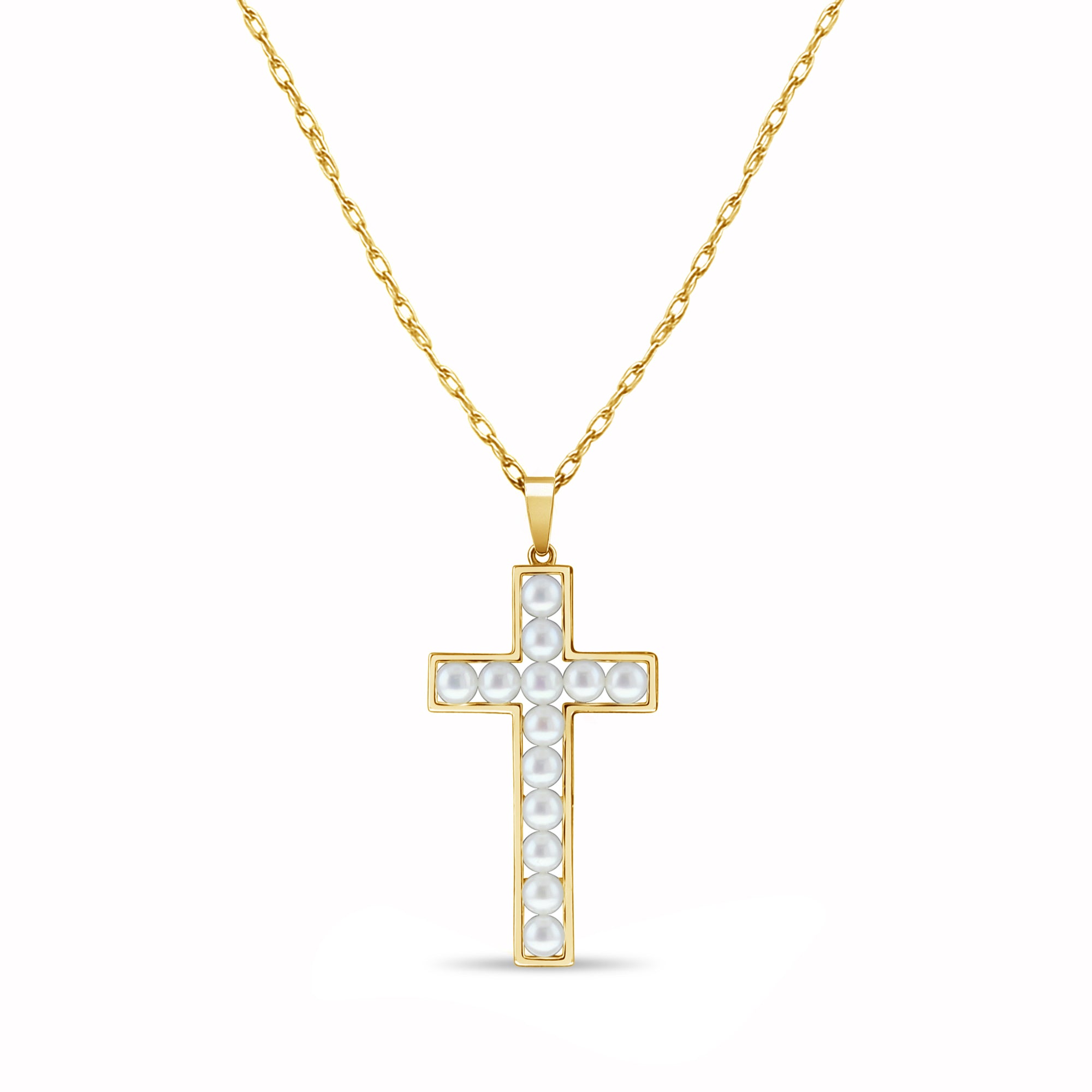 14K Yellow Gold Pearl Cross Pendant Necklace - Elegant Religious Jewelry for Women, Perfect for Baptism, First Communion, Confirmation & Everyday Wear