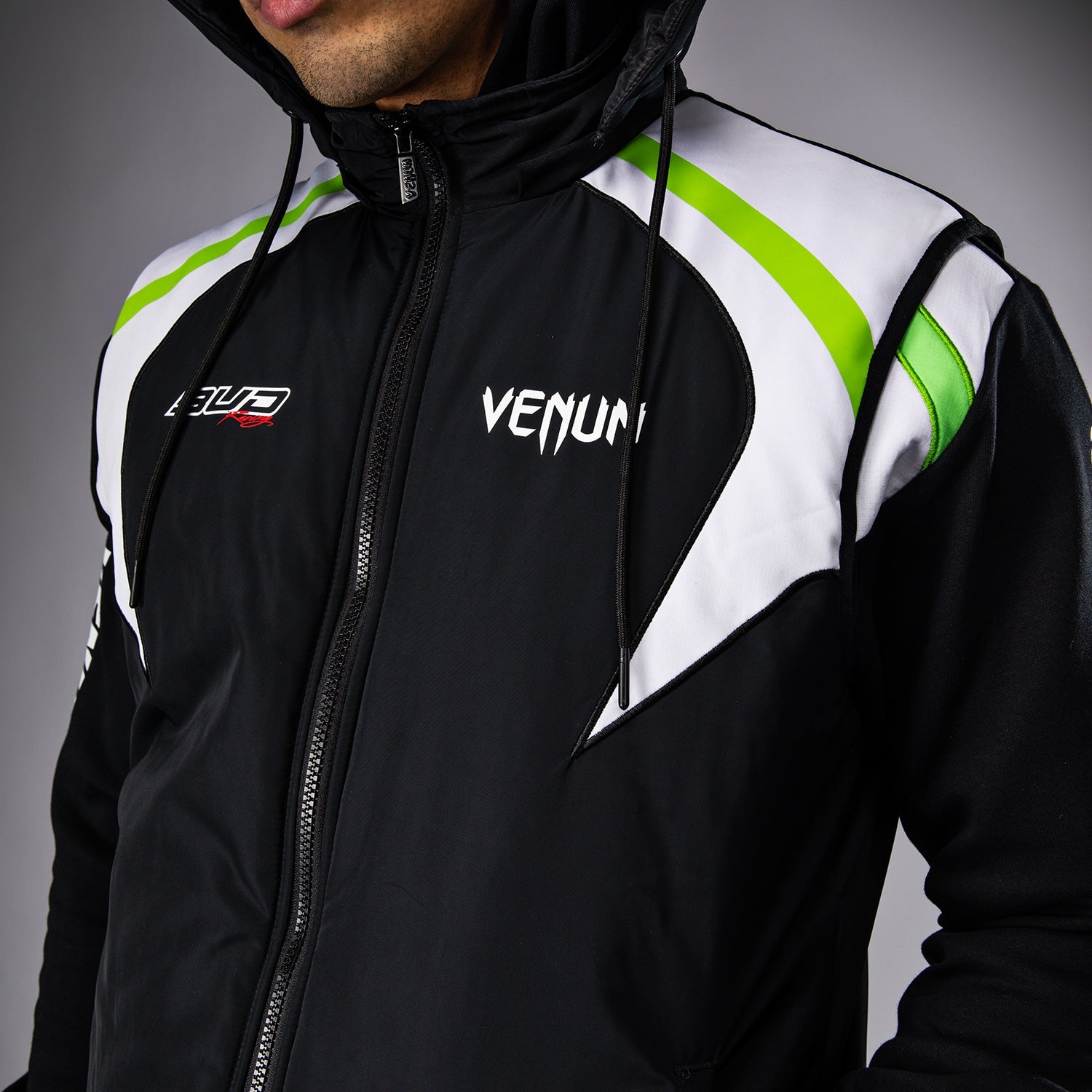 Venum x Bud Racing Down Jacket - Lightweight Winter Coat for Motocross & Outdoor Sports - Black/White/Lime Green - Ideal for Cold Weather Riding & Adventure Activities