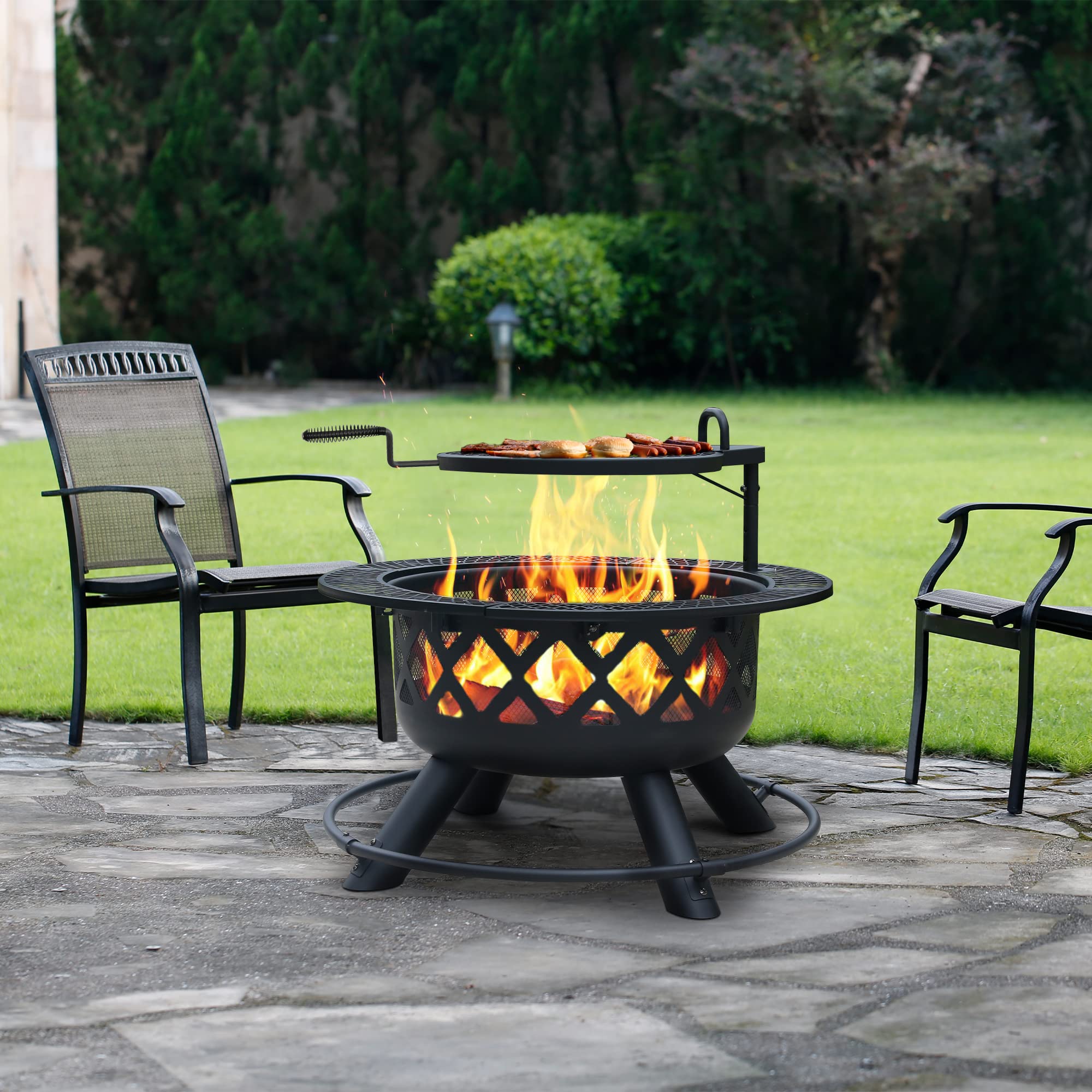BALI OUTDOORS 32-Inch Wood Burning Fire Pit with Poker & Grill - Heavy Duty Steel Outdoor Fire Pit for Patio, Backyard, Camping - Perfect for Roasting Marshmallows & Outdoor Gatherings