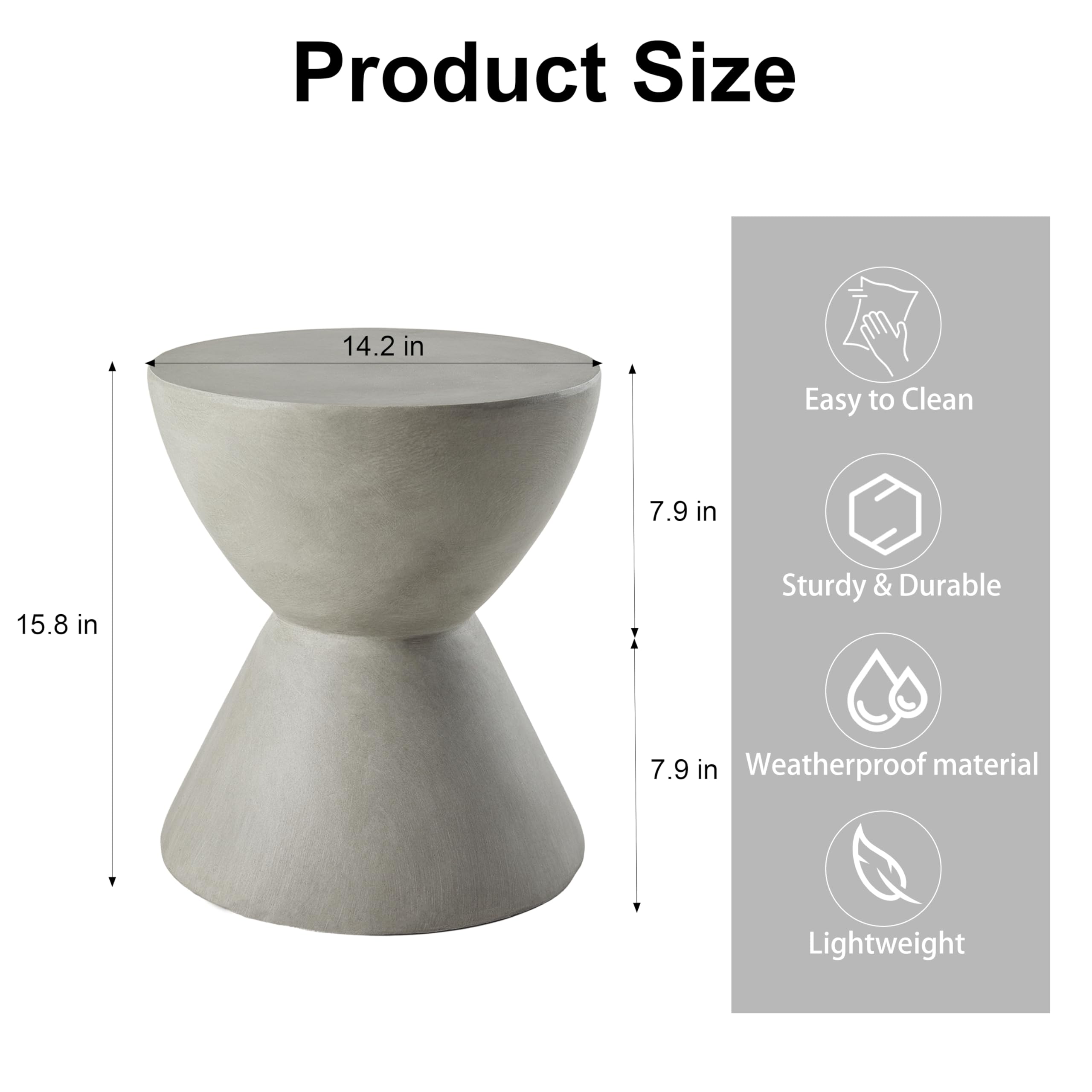 Outdoor Side Tables for Patio - Set of 2 Hourglass-Shaped Concrete End Tables, Modern Round Stone Coffee Table for Garden, Deck & Poolside Use