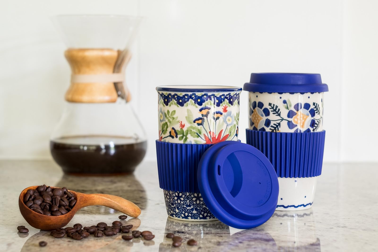 Blue Rose Polish Pottery Jungle Bouquet Travel Coffee Mug - Handmade Ceramic Cup for Coffee, Tea & Hot Drinks - Perfect for Camping, Office & Home Use