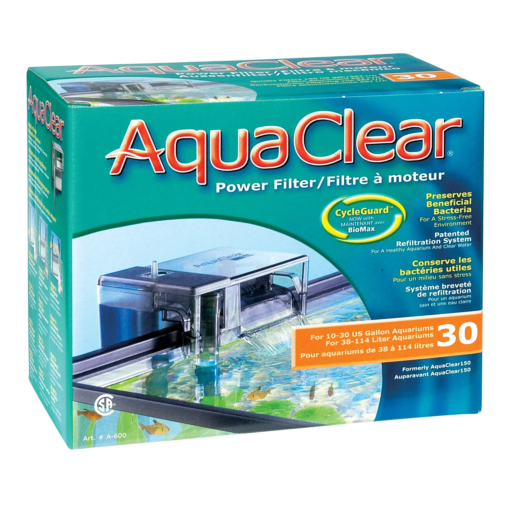 AquaClear 30 Power Filter for Aquariums - 114L (30 Gallon) Water Flow 600L/H - Quiet & Efficient Fish Tank Filter for Freshwater & Saltwater - Perfect for Home, Office & Pet Stores