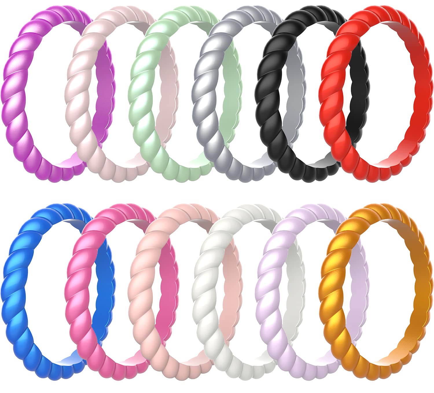 Zollen 12 Pack Thin Braided Silicone Wedding Rings for Women - Hypoallergenic Rubber Wedding Bands, Stackable Comfort Fit Rings for Active Lifestyle, Gym, Swimming & Outdoor Activities
