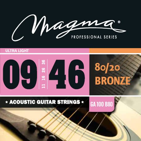 Magma Acoustic Guitar Strings Ultra Light Gauge 80/20 Bronze Set (.009-.046) - Best for Beginners & Fingerstyle Playing - GA100B80 (1 Set) - Perfect for Folk, Blues & Practice Sessions