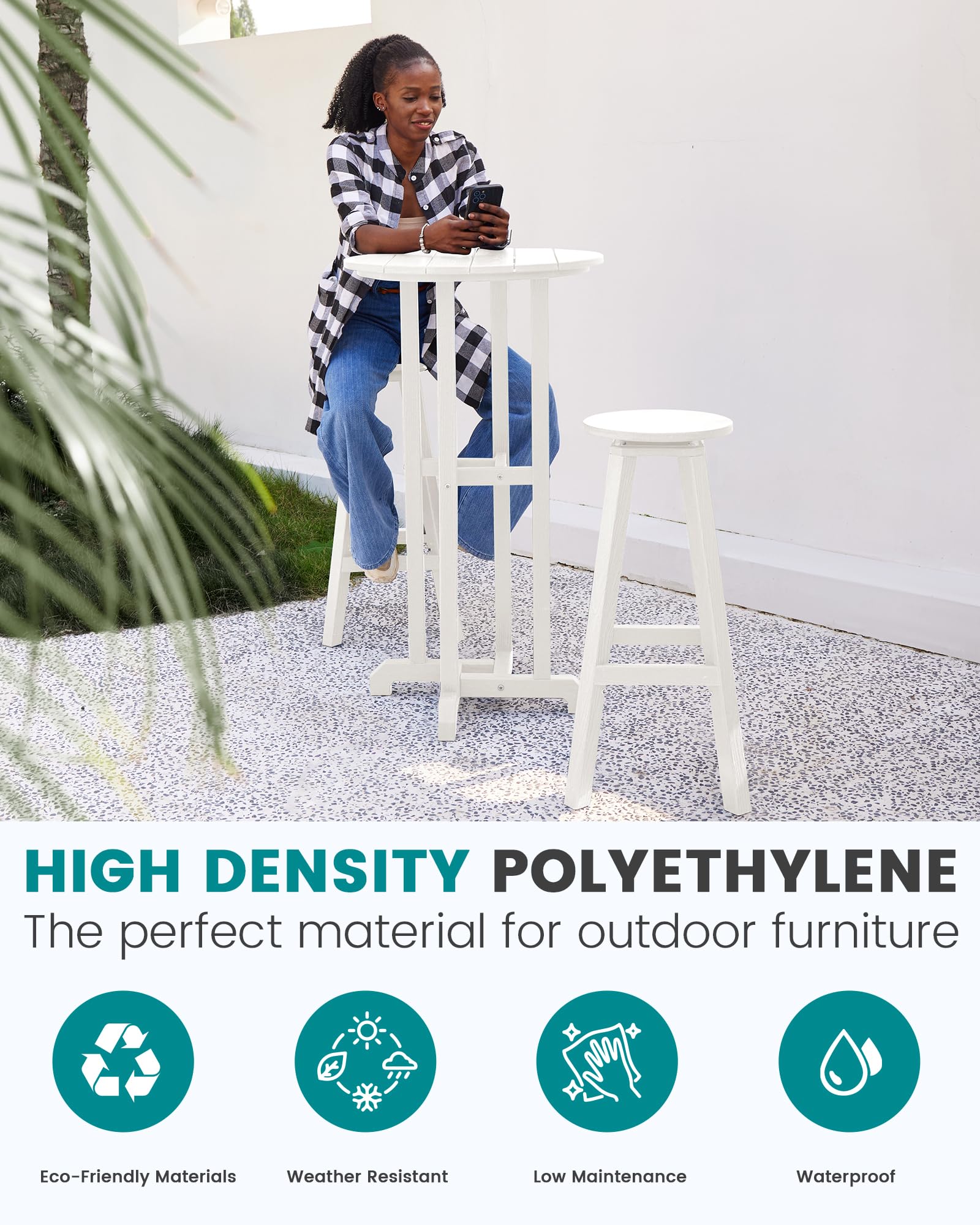 SERWALL 4-Piece Outdoor Bar Table and Chairs Set - Round All-Weather HDPE Patio Furniture with Swivel Stools - Perfect for Poolside, Backyard, Deck, Garden & Outdoor Entertaining (White)