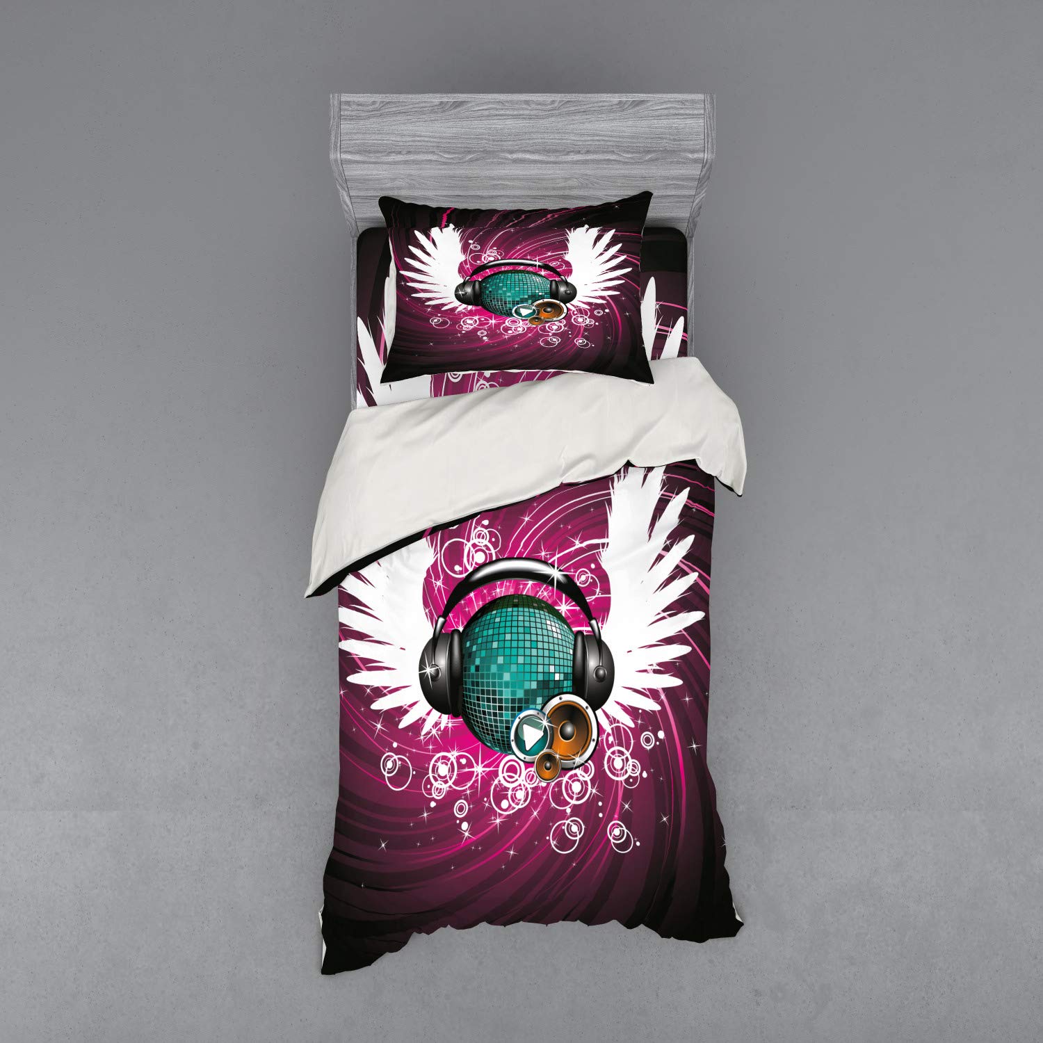 Ambesonne Popstar Party Duvet Cover Set - Disco Ball with Headphones & Angel Wings Vibrant Swirl Design, 3-Piece Twin Size Bedding Set with Sham & Fitted Sheet in Magenta Black Teal | Perfect for Teen Bedrooms, Music Lovers & Themed Parties