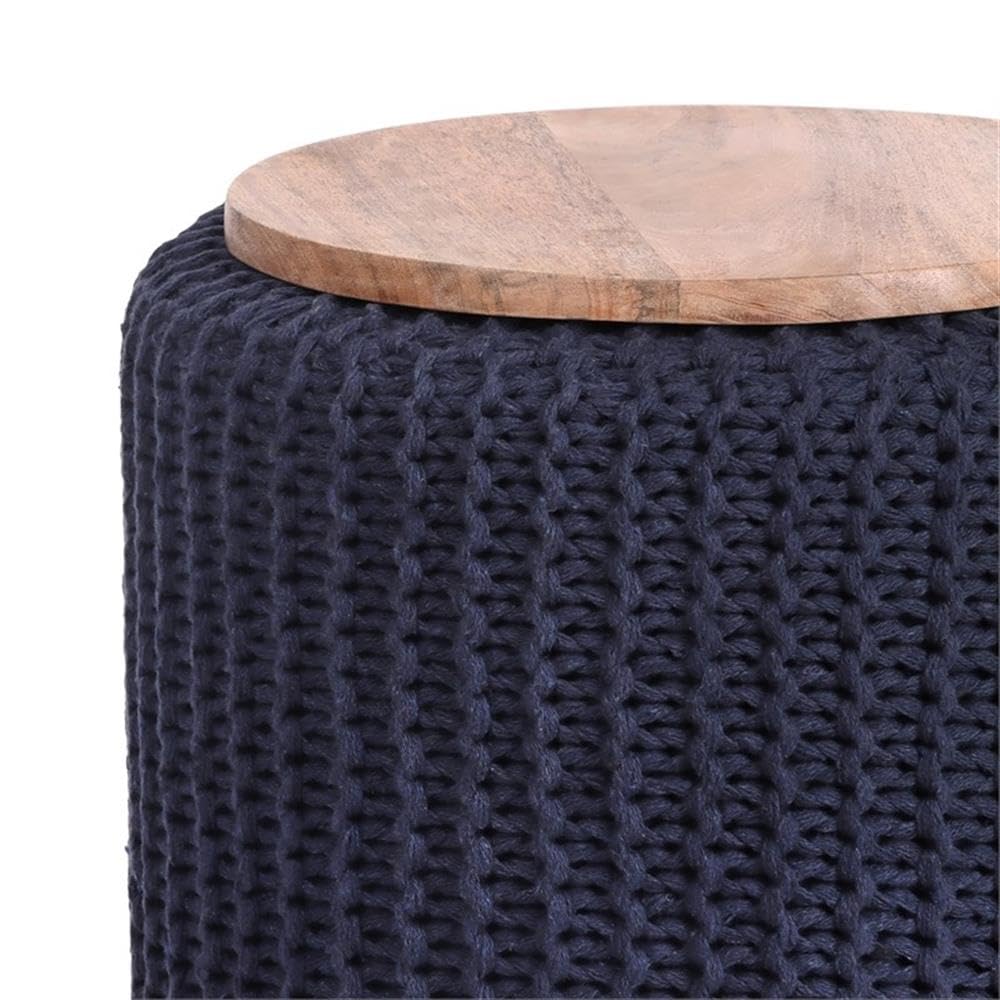 Brayton 3-in-1 Cotton Yarn Pouf Ottoman End Table - Navy Blue Multi-Functional Footstool for Living Room, Bedroom & Nursery Decor