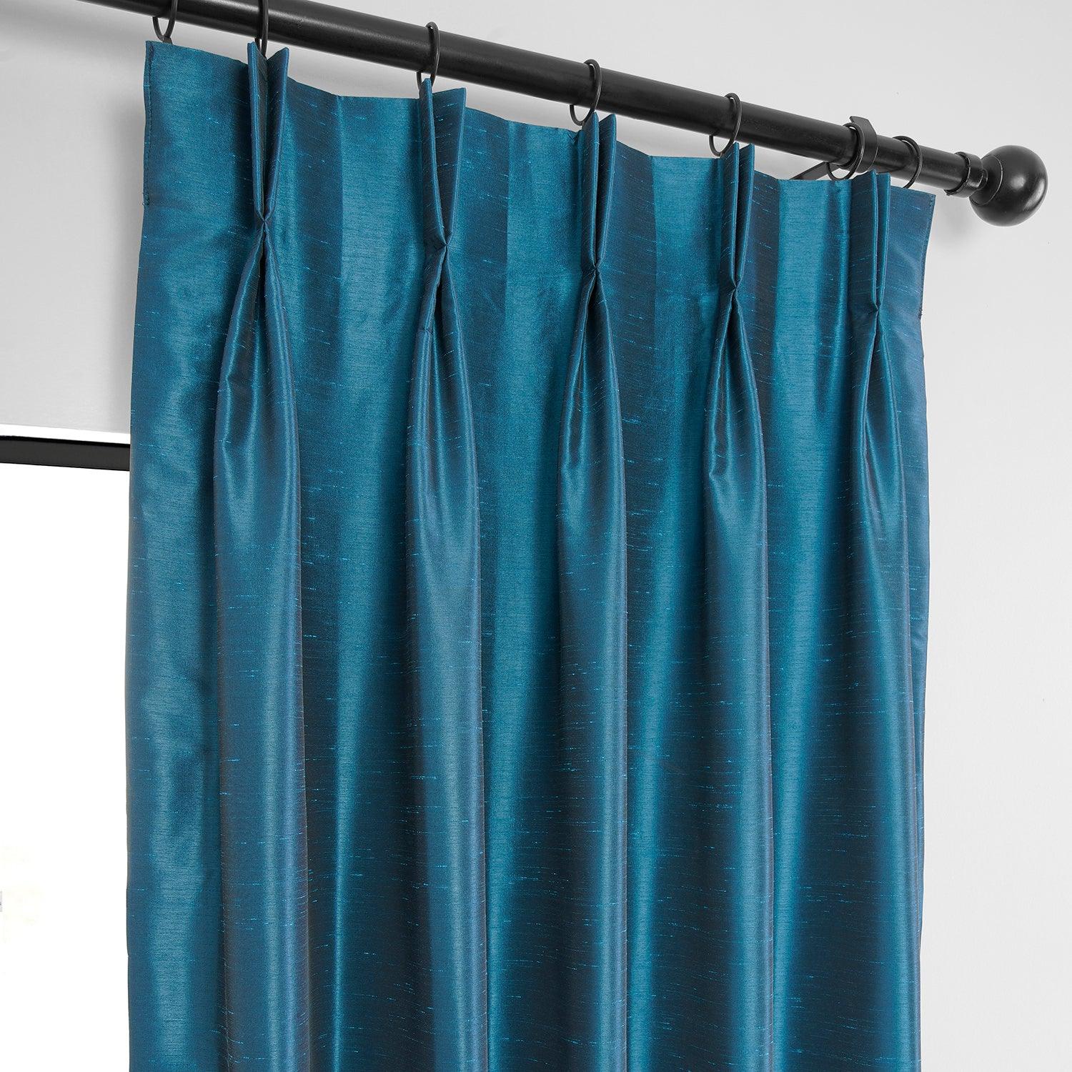 Oceanside Blue French Pleat Vintage Textured Faux Dupioni Silk Blackout Curtains - Elegant Window Treatment for Bedroom & Living Room, Light Blocking & Noise Reducing