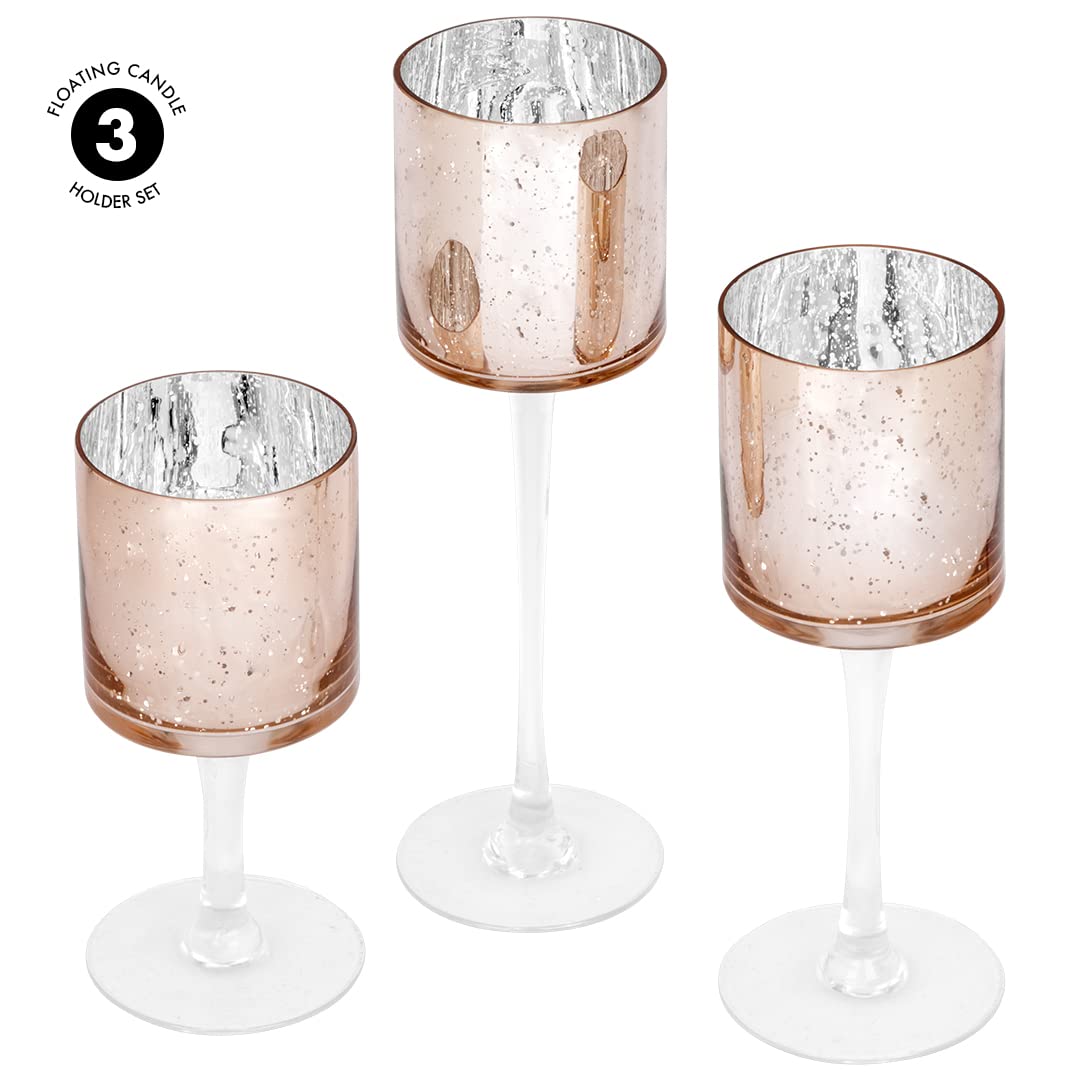 Rose Gold Candle Holder Set of 3 - Long Stem Glass Floating Candle Holders for Table Centerpiece, Wedding, Home Decor & Romantic Ambiance | Tall Tealight Candle Holders in Elegant Rose Gold Finish