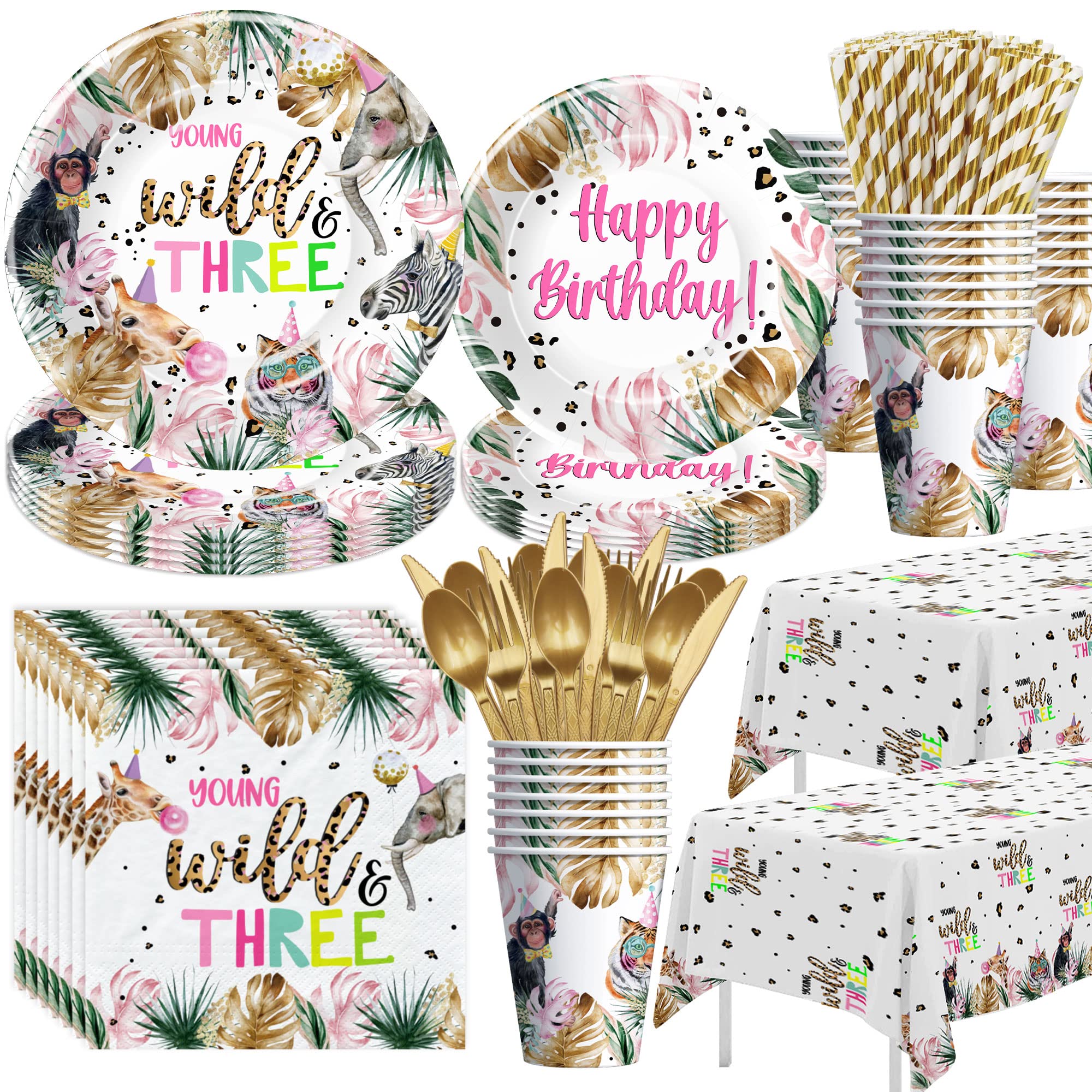 Wild Safari 3rd Birthday Party Supplies Set - 24-Piece Dinnerware Kit with Plates, Cups, Napkins, Tablecloth, Cutlery & Straws for Jungle Animal Themed Decorations | Perfect for Kids' Birthday Parties, Baby Showers & Themed Events