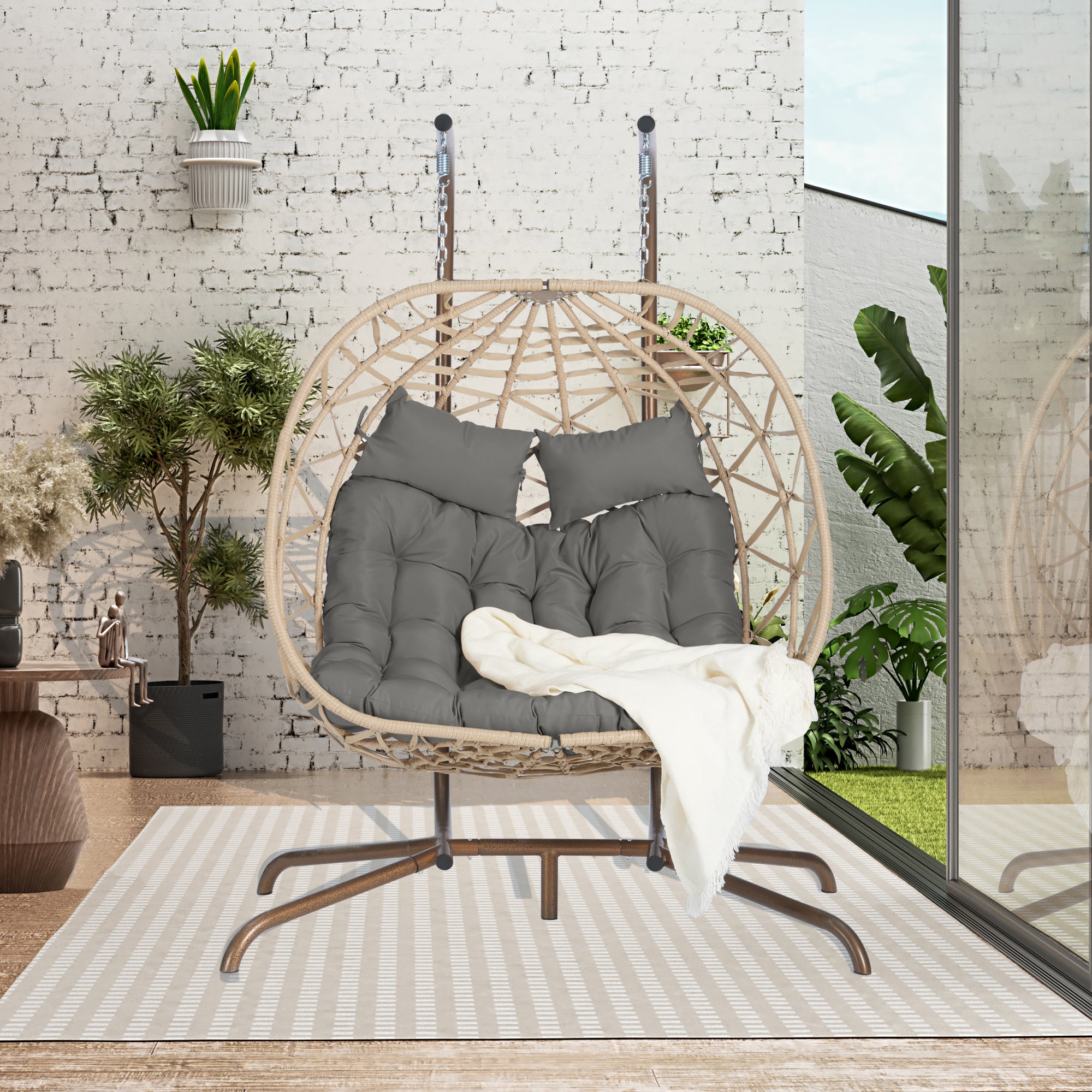 Double Egg Chair with Stand - Indoor/Outdoor Hanging Wicker Rattan Swing Chair with UV-Resistant Cushions (600 lbs Capacity) - Perfect for Bedroom, Balcony, Patio & Garden Relaxation