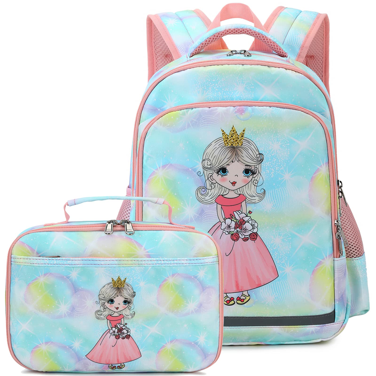 **Princess Backpack for Girls - Kids School Backpack with Lunch Box Set, Cute Kindergarten Book Bag for Toddlers (Green-Princess) - Perfect for School, Travel & Daily Use**