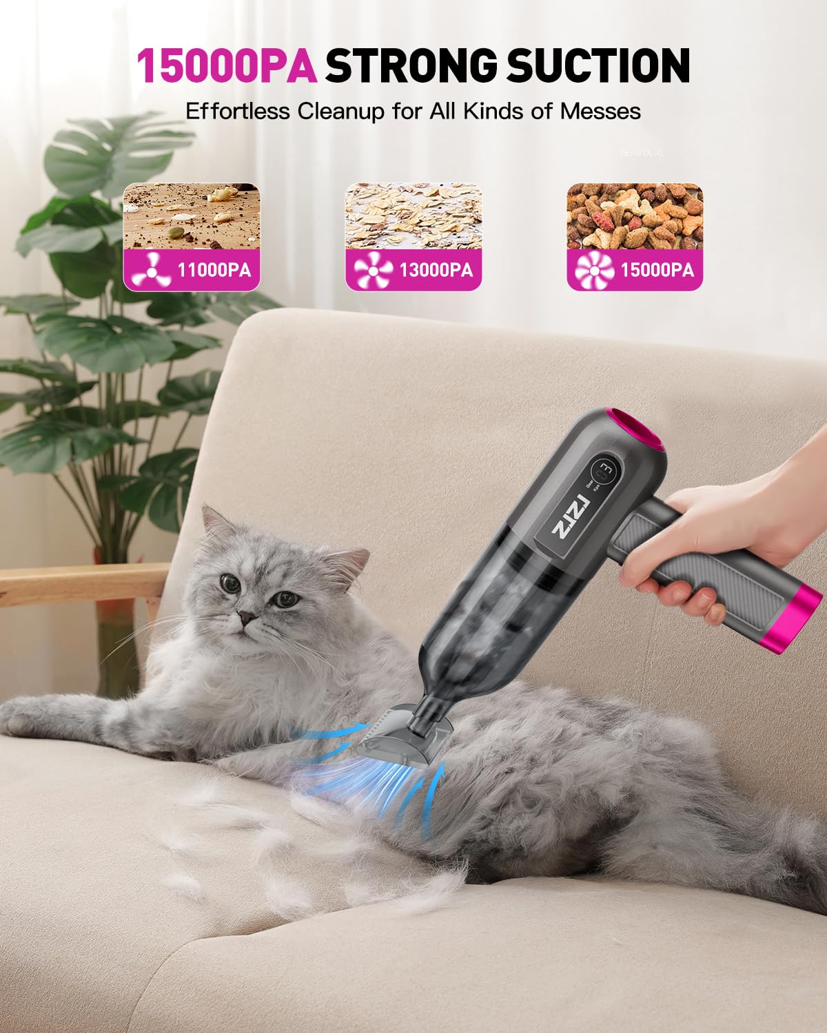 Cordless Handheld Car Vacuum Cleaner - 15000PA High Power Portable Vacuum with 3 Speed Settings, Digital Display & Rechargeable Battery | Perfect for Car Cleaning, Pet Hair Removal & Home Use