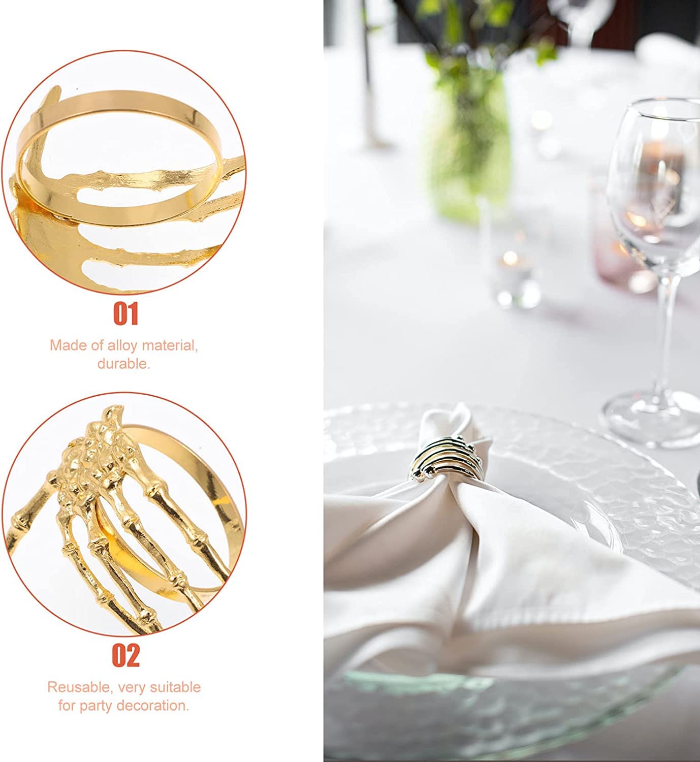 BestAlice Halloween Skull Napkin Rings Set of 12 - Gold Skeleton Hand Napkin Holders for Spooky Table Decor, Halloween Party Supplies & Haunted House Dining Accessories | Perfect for Halloween Dinner Parties, Themed Events & Gothic Home Decor