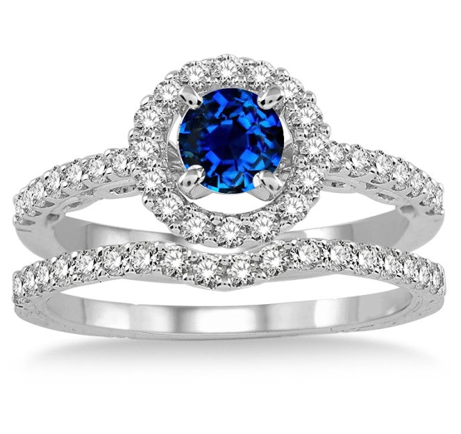 1.5 Carat Vintage Sapphire & Moissanite Floral Halo Bridal Ring Set in 10K White Gold - Elegant Wedding, Engagement & Anniversary Jewelry Gift for Her