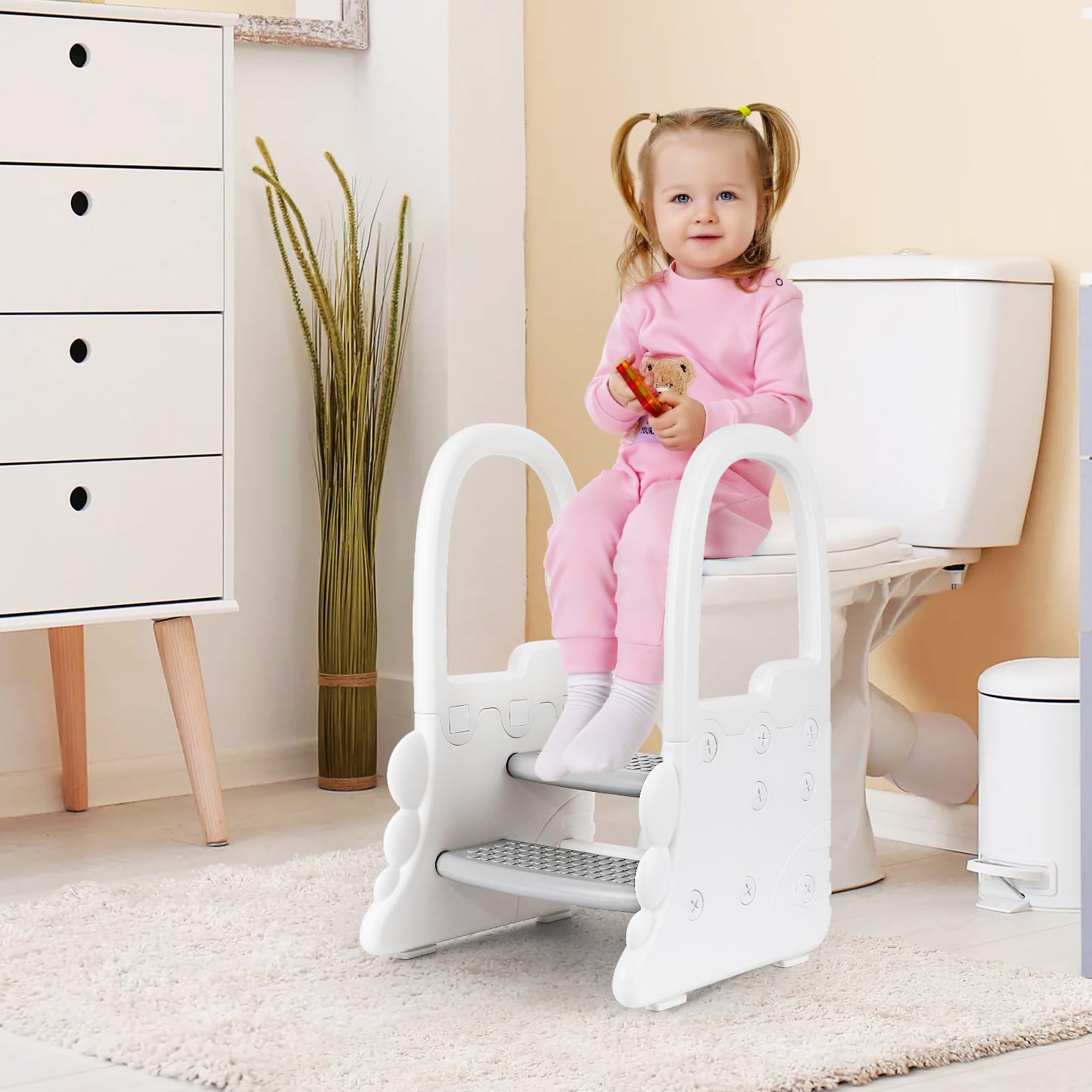 GARVEE 2 Step Stool with Handles for Kids - Anti-Slip Sturdy Toddler Step Stool for Potty Training, Bathroom & Kitchen - Safe Standing Helper for Children (Grey) - Perfect for Toilet Training, Washing Hands & Reaching Countertops