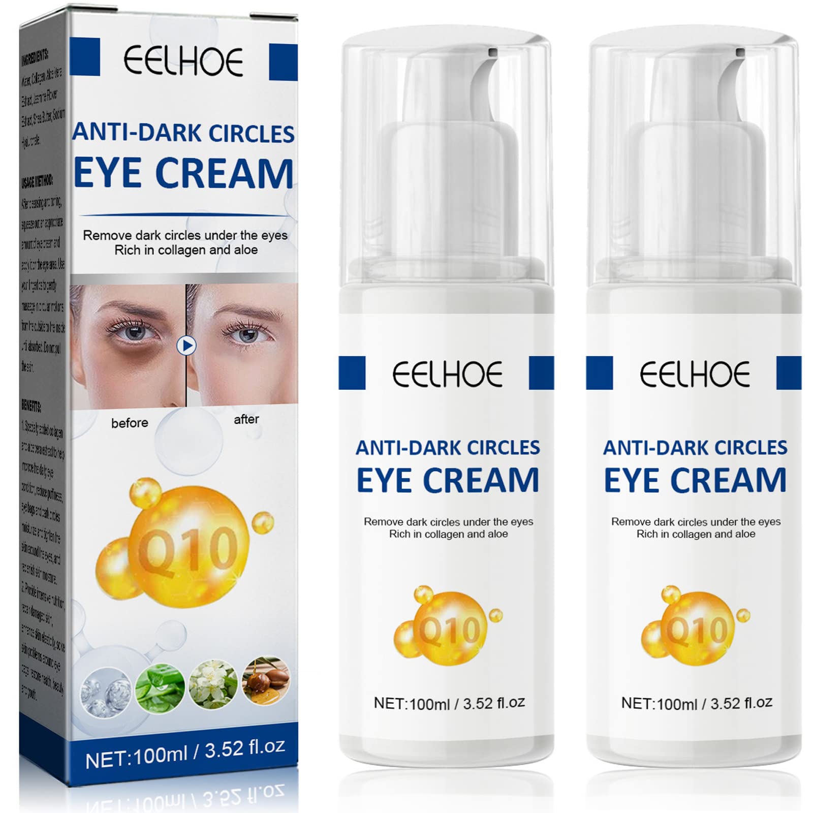 EELHOE Q10 Eye Cream with Collagen & Aloe Vera - Dark Circle & Wrinkle Treatment for Puffy Eyes, Anti-Aging Eye Care (2 Pack) - Perfect for Night Routine & Travel Skincare