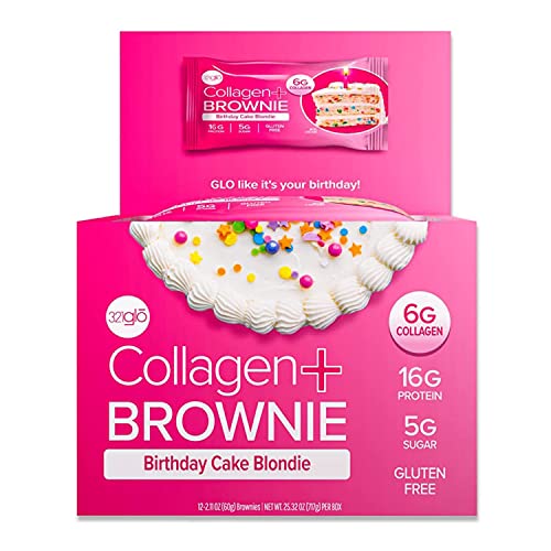 321glo Collagen Protein Brownie - Low Sugar, Keto Friendly, Gluten Free Snacks for Women, Men & Kids (12-Pack, Birthday Cake Blondie) | Healthy Dessert for Weight Loss, Post-Workout Recovery & Family Treats