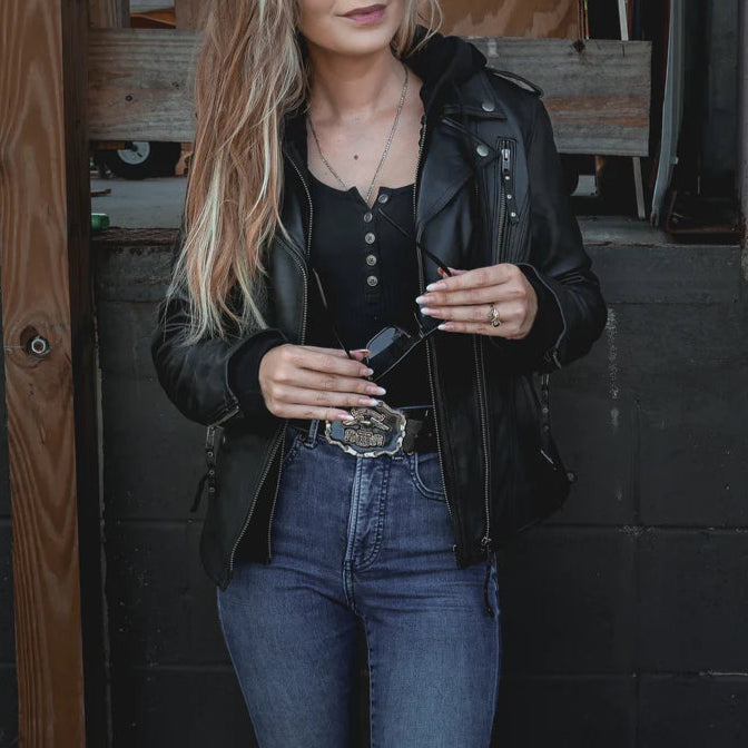 Open Road Women's Hooded Classic Leather Motorcycle Jacket - Stylish Biker Jacket for Riding & Casual Wear - Perfect for Motorcycle Enthusiasts & Fashion Lovers