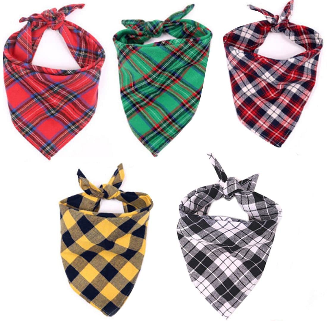 ChezAbbey 5-Pack Classic Plaid Dog Bandanas - Adjustable Pet Scarves, Triangle Bibs & Kerchiefs for Small Medium Large Dogs - Perfect for Birthdays, Holidays & Daily Wear (Dog Burp Cloths, Cat Saliva Towels, Pet Costume Accessories)