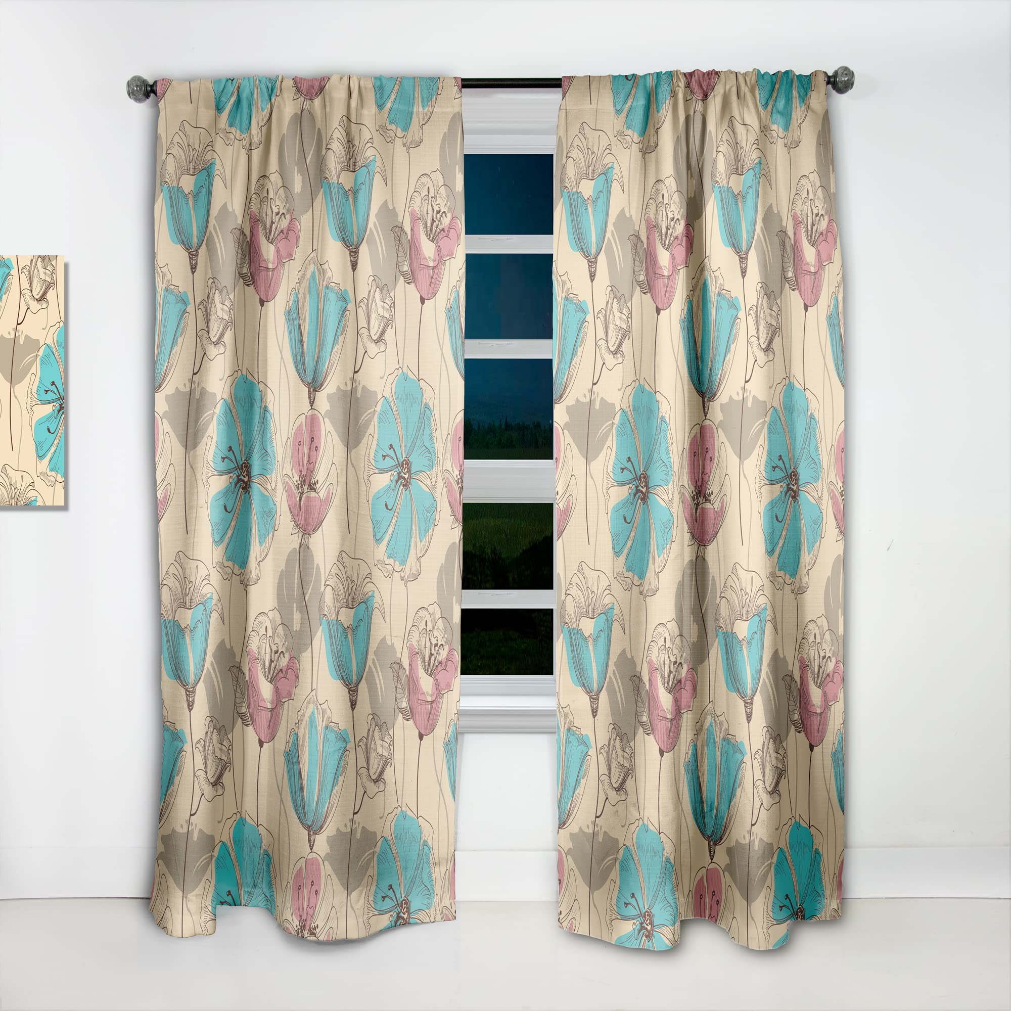 DesignQ Retro Floral Pink & Blue Thermal Insulated Curtains - Single Panel 52x120 - Elegant Window Treatments for Bedroom & Living Room - Perfect for Home Decor & Light Blocking
