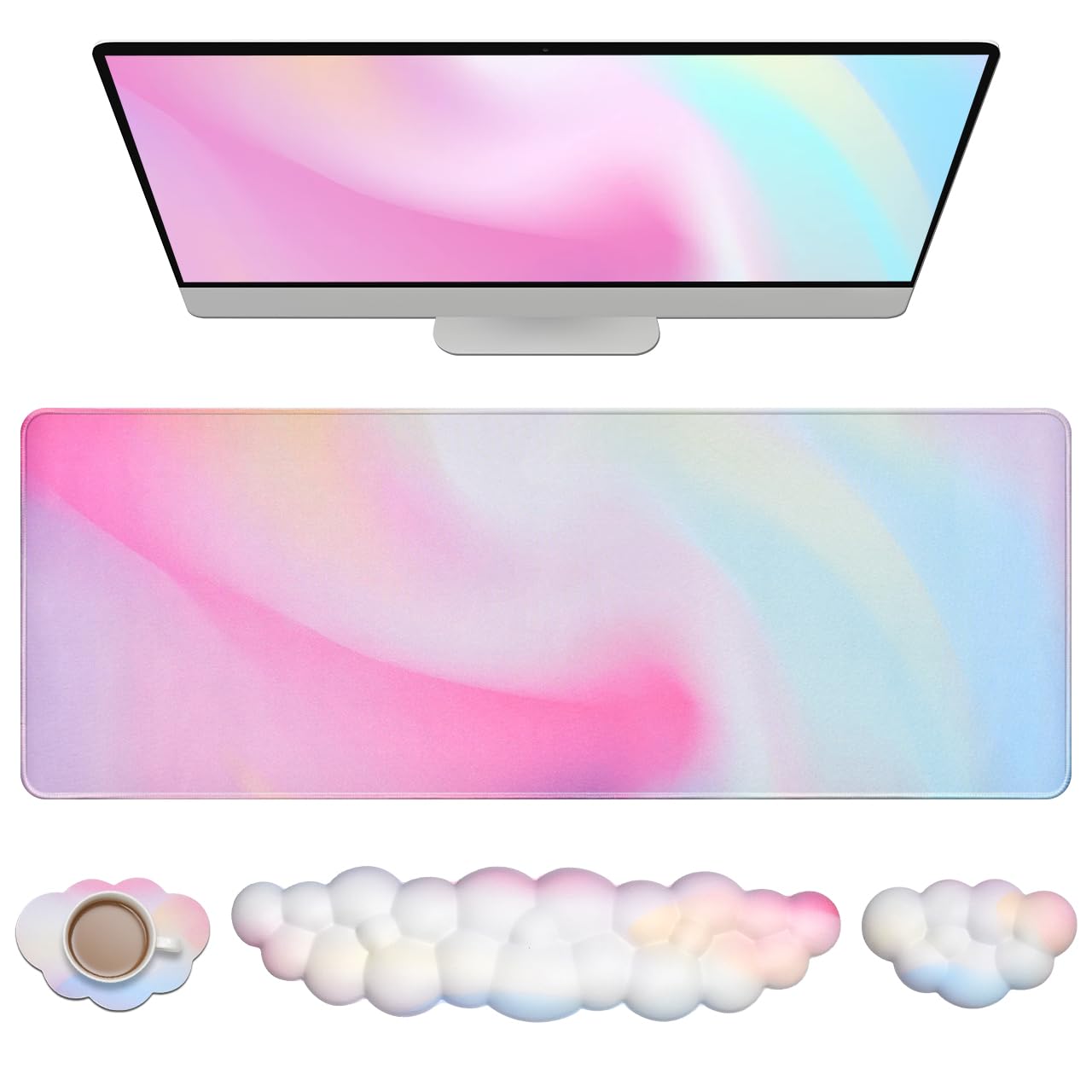 JIKIOU Large Ergonomic Cloud Mouse Pad Set - Waterproof Desk Mat with Wrist Support for Keyboard & Mouse, Rainbow Design 31.5x11.8in - Perfect for Gaming, Office Work & Long Computer Sessions