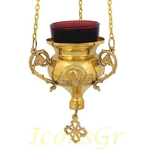 Antique Greek Orthodox Christian Bronze Hanging Oil Lamp - Gold Plated with Chain & Red Glass (237g) - Perfect for Home Altar, Church Decor & Religious Ceremonies