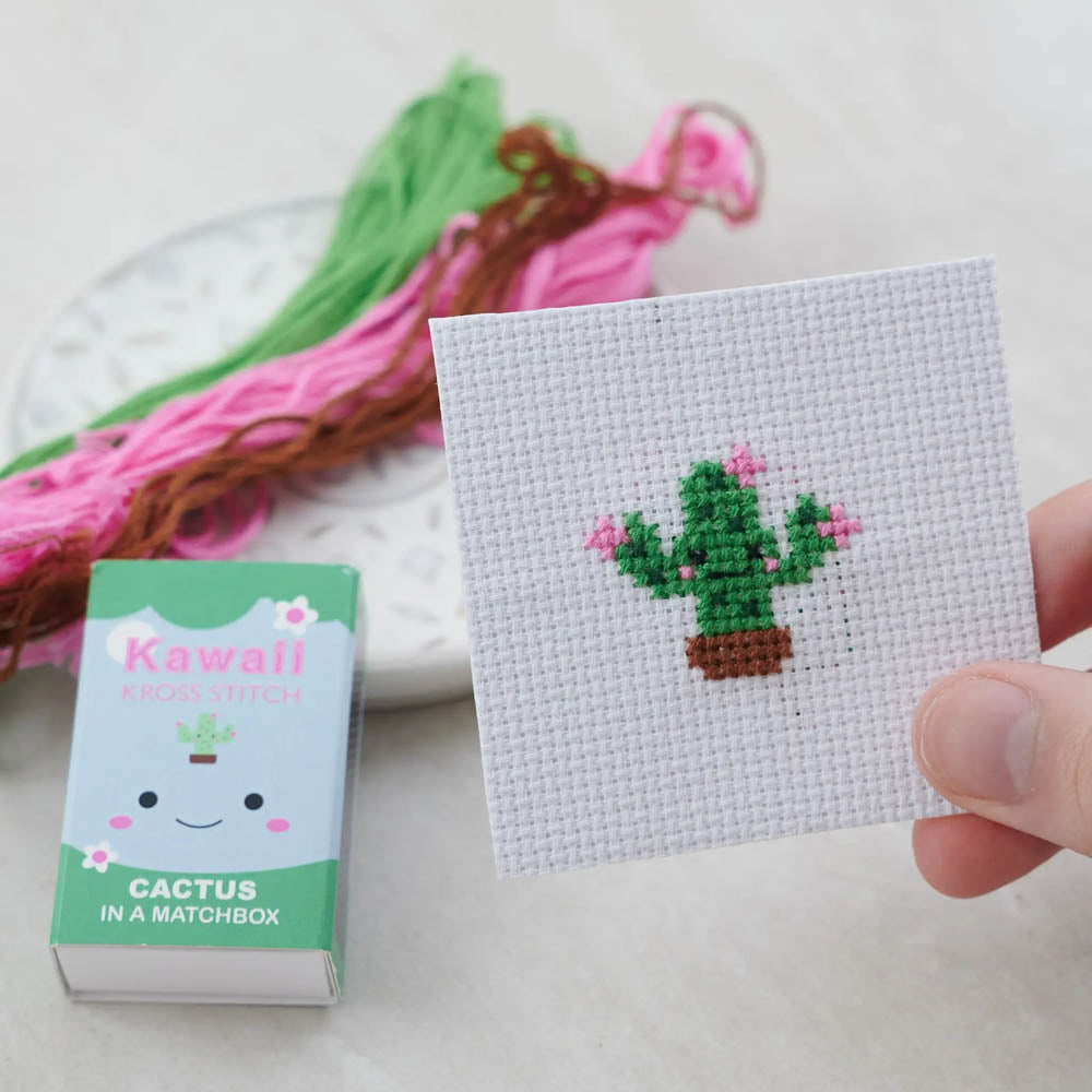Kawaii Cactus Mini Cross Stitch Kit in a Matchbox - DIY Embroidery Starter Kit for Beginners - Perfect for Home Decor, Gifts & Craft Projects
