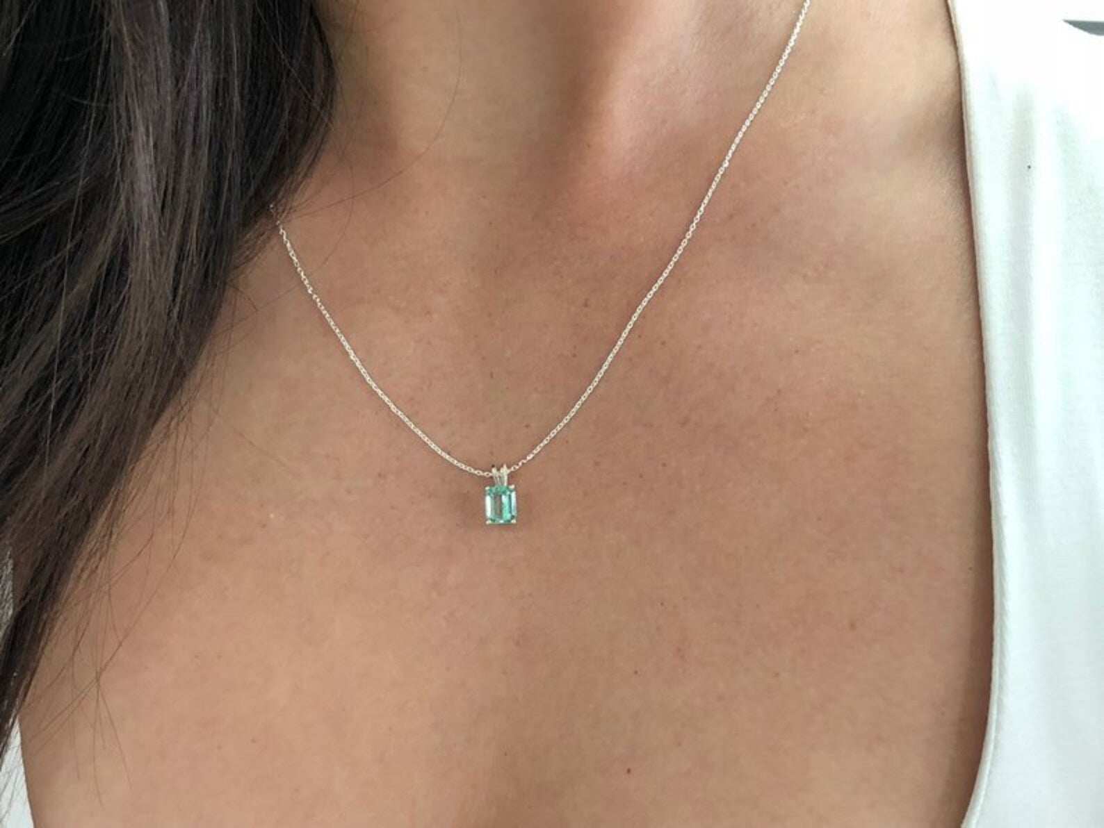 1.46 Carat Natural Emerald Silver Necklace - Bright Rich Green Gemstone, 4 Prong Solitaire with Double Bail Pendant | Perfect for Weddings, Anniversaries & Special Occasions