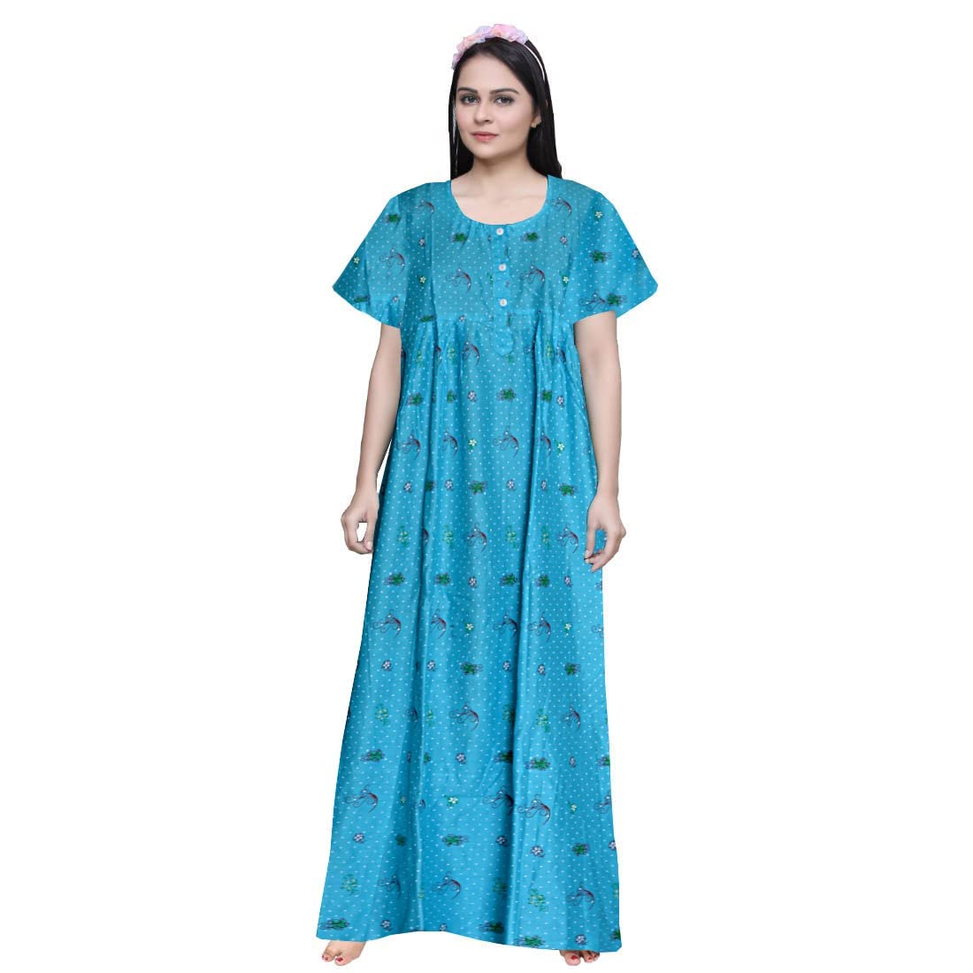 Women's 100% Cotton Indian Full-Length Nightgown - Soft Jaipuri Printed Sleepwear for Ladies (Pack of 2: Teal Blue & Green) | XL Size Night Dress for Comfortable Sleep & Lounge Wear