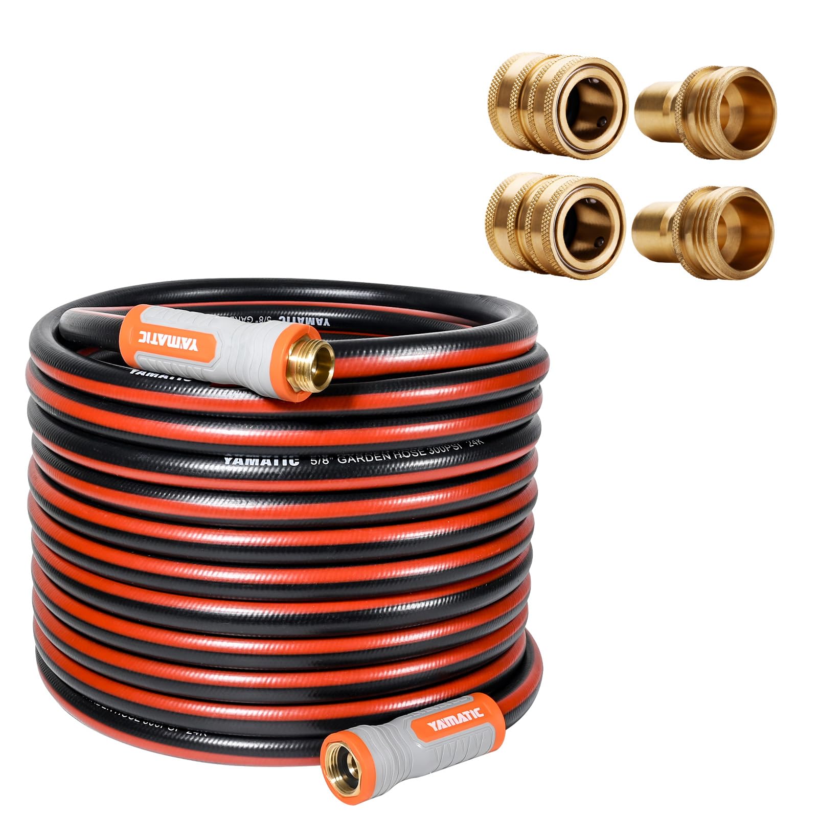 YAMATIC 5/8 Inch x 75 Feet Heavy Duty Garden Hose with Solid Brass Quick Connect Set - Perfect for Watering Lawns, Washing Cars, and Outdoor Cleaning