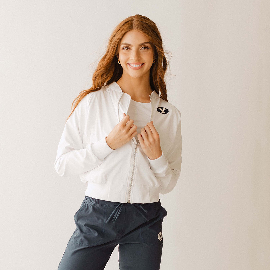 BYU Bomber Jacket for Men & Women - Lightweight White Windbreaker Jacket with Zipper Closure - Perfect for Casual Wear, Street Style & Outdoor Activities