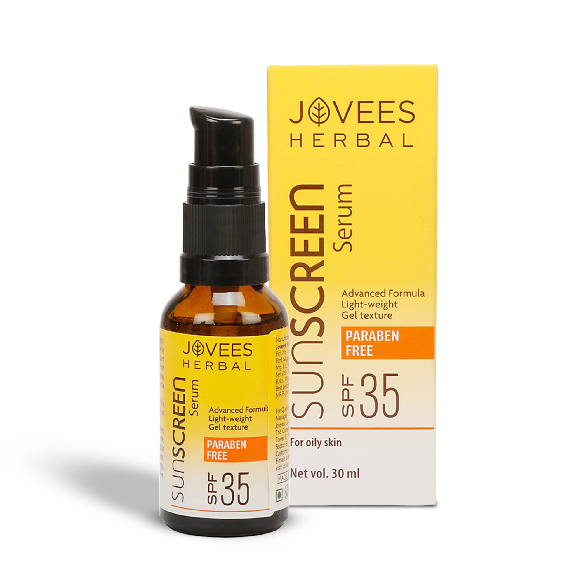 Jovees Herbal Sunscreen Face Serum SPF 35 with Aloe Vera, Carrot & Sunflower Extract - Lightweight Gel Formula for Sun Protection - 30ml for Oily & Acne-Prone Skin - Perfect for Daily Use, Outdoor Activities & Beach Trips
