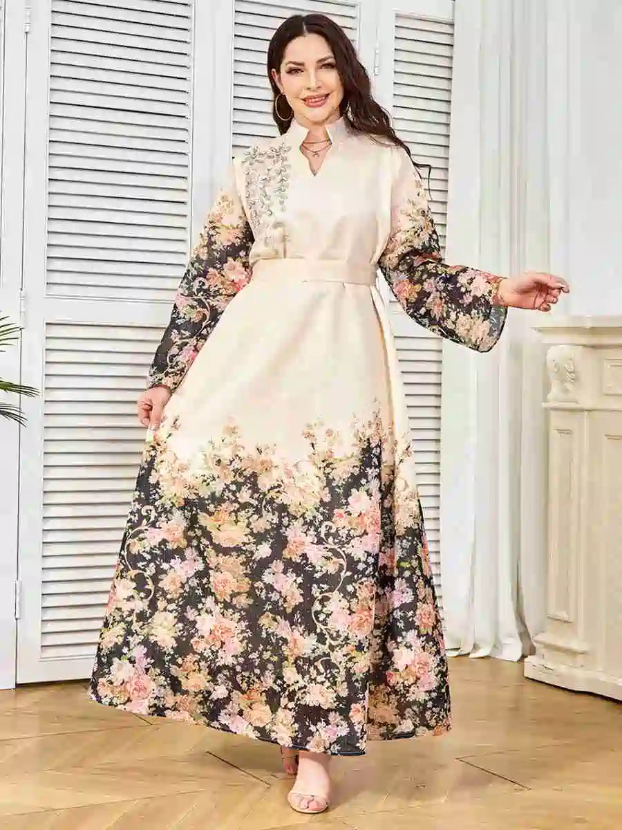 Elegant Hotfix Rhinestones Printed Caftan Kaftan Dress for Women - Eid Party, Wedding, Special Occasions #25374