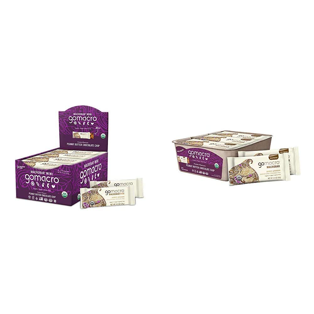 GoMacro Organic Vegan Protein Bars Bundle - Peanut Butter Chocolate Chip Flavor (12 MacroBars 2.4oz + 24 Mini Bars 0.9oz) | Healthy Plant-Based Snacks for Hiking, Workouts & On-The-Go Nutrition